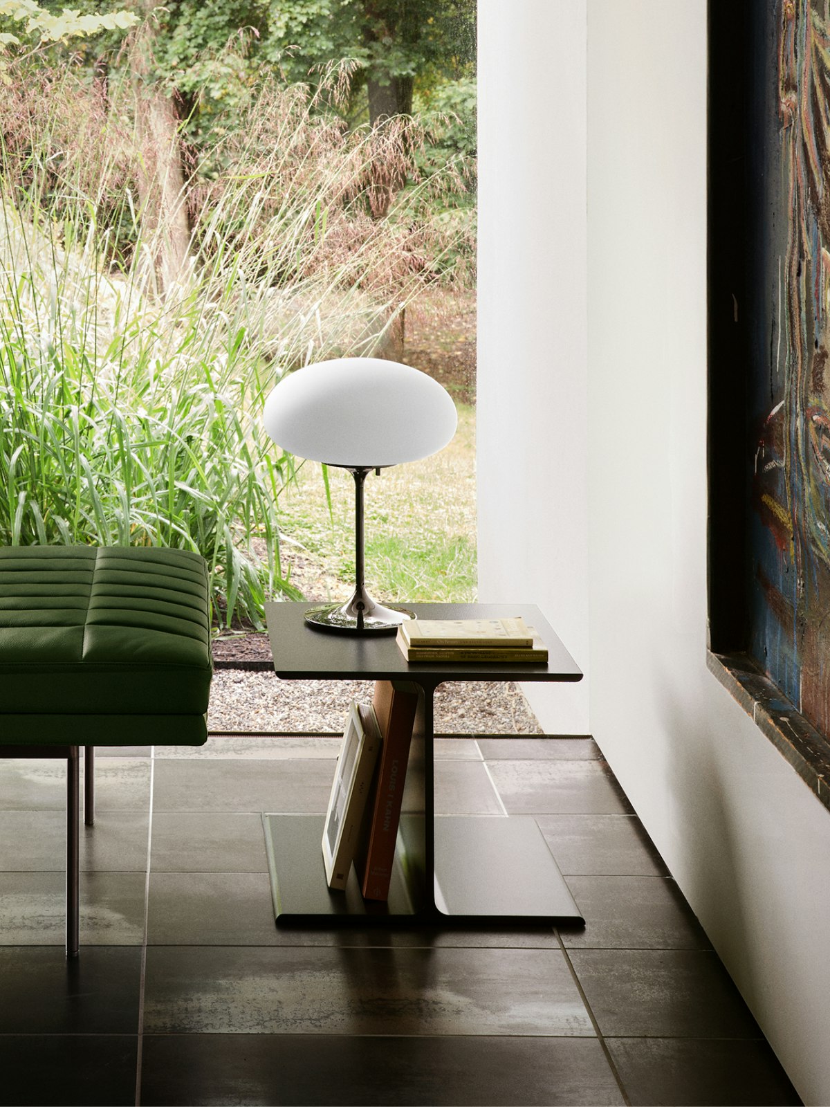 I Beam Side Table by Ward Bennett shown next to a Tuxedo Component Bench designed by Bassam Fellows.