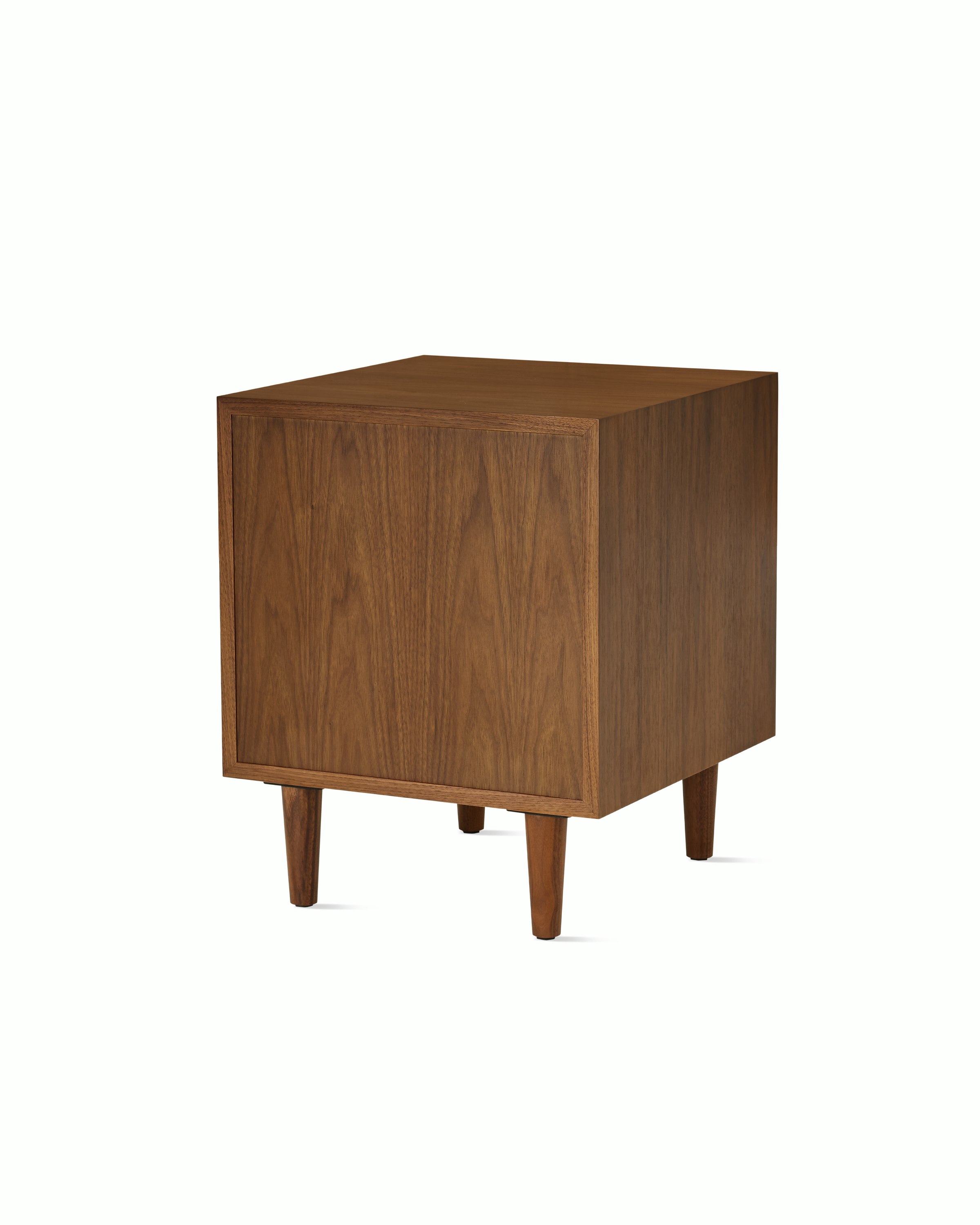 Nelson Basic Cabinet Series Bedside Table with one drawer, cupcake pull, open shelf, taper legs, in walnut.
