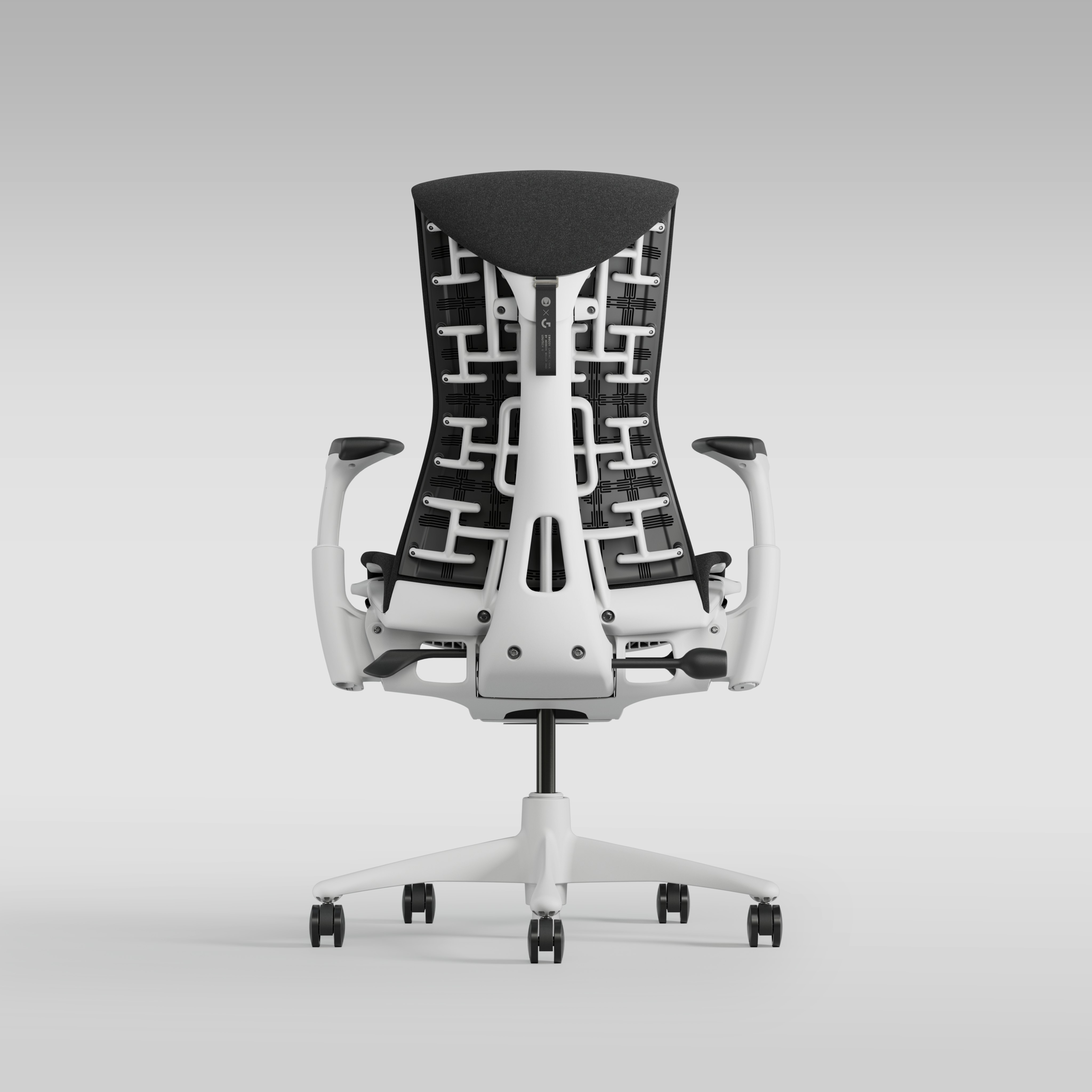 Embody Gaming Chair in  White and Black viewed from the back