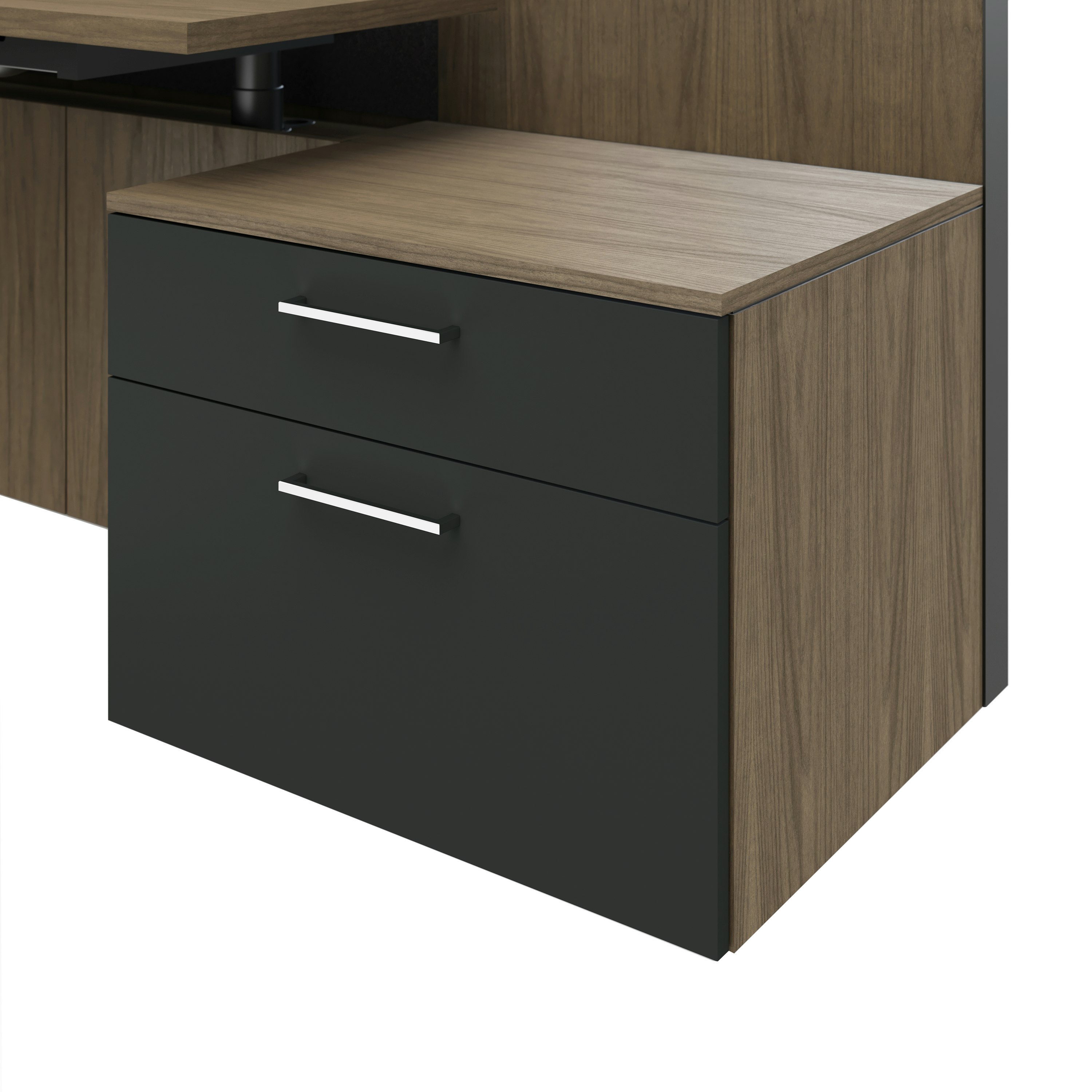 Detail shot of the Geiger One Casegoods storage with a Natural Flat Cut Walnut case and Charcoal TFL fronts.