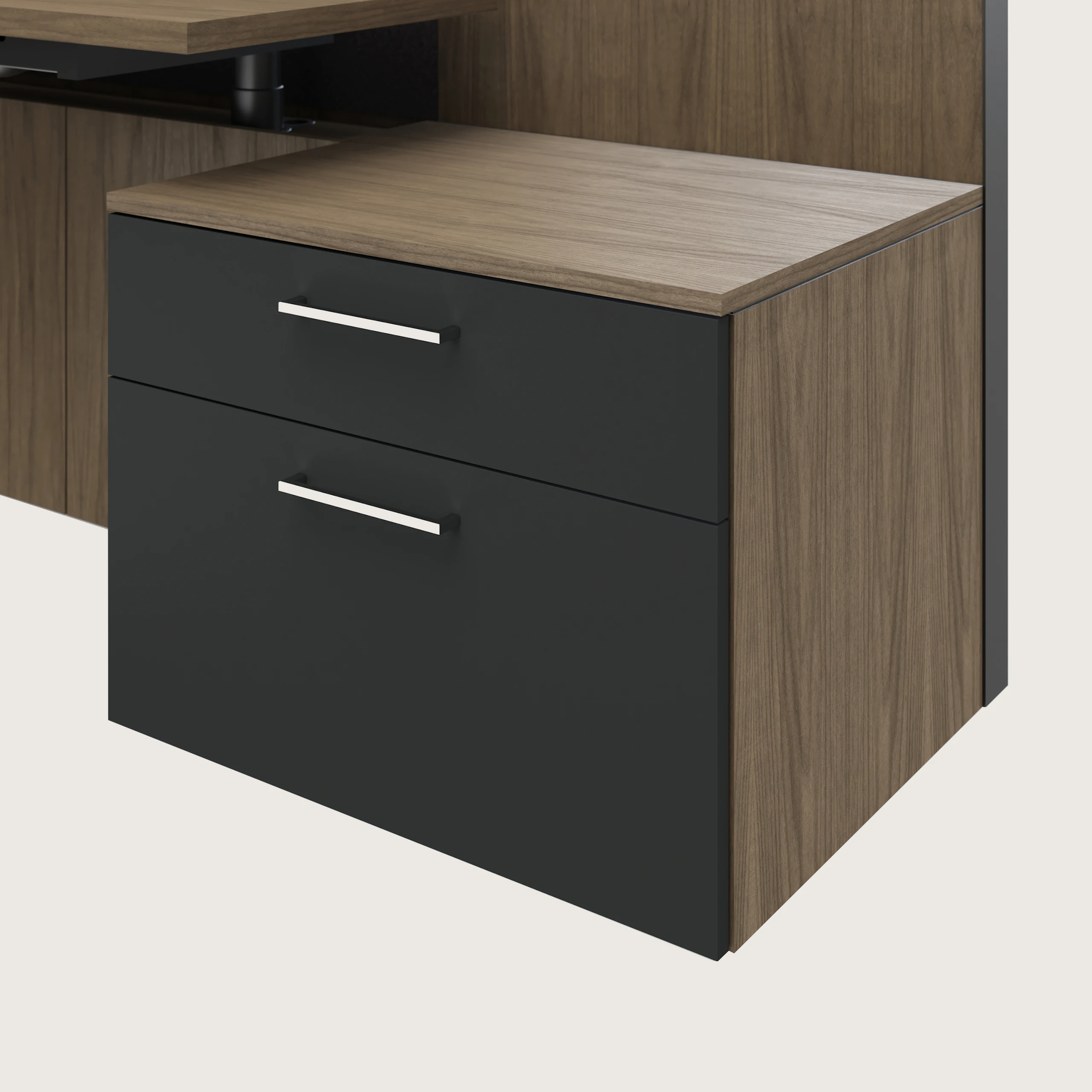 Detail shot of the Geiger One Casegoods storage with a Natural Flat Cut Walnut case and Charcoal TFL fronts.
