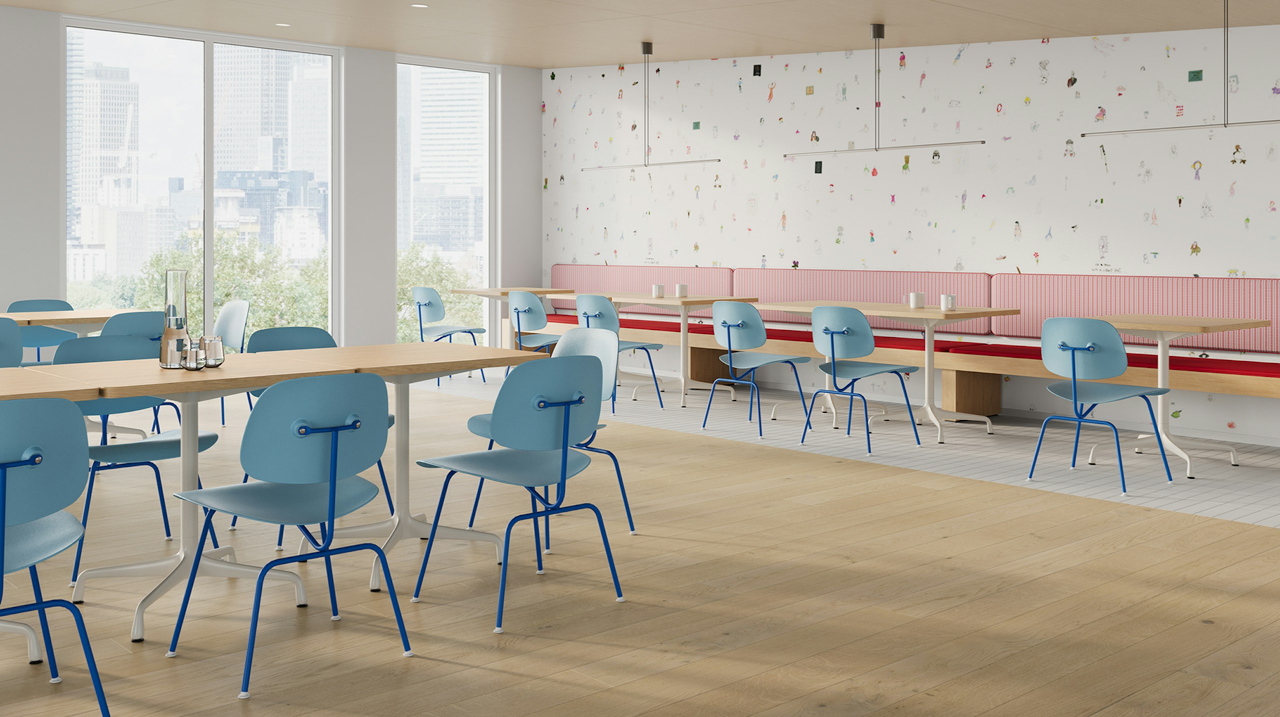 A cafeteria with Eames EC-127 in blue and Eames Tables with ash.