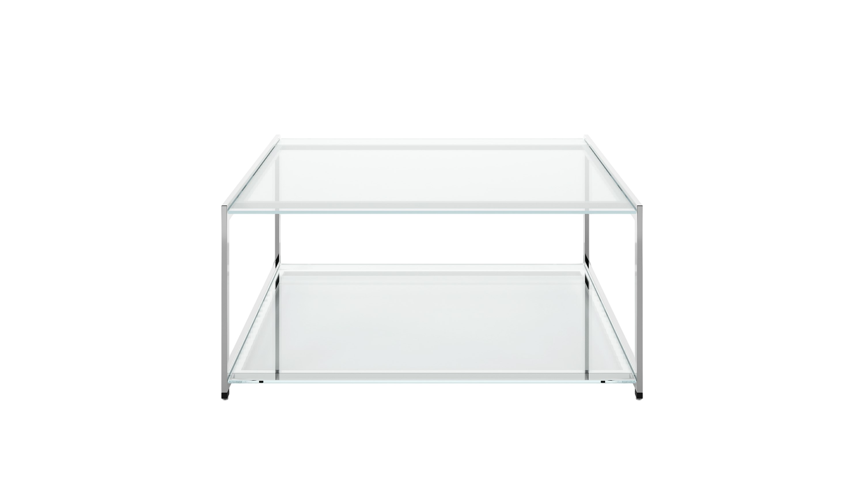 H Frame Coffee Table in clear glass with a chrome frame and base viewed from the front.