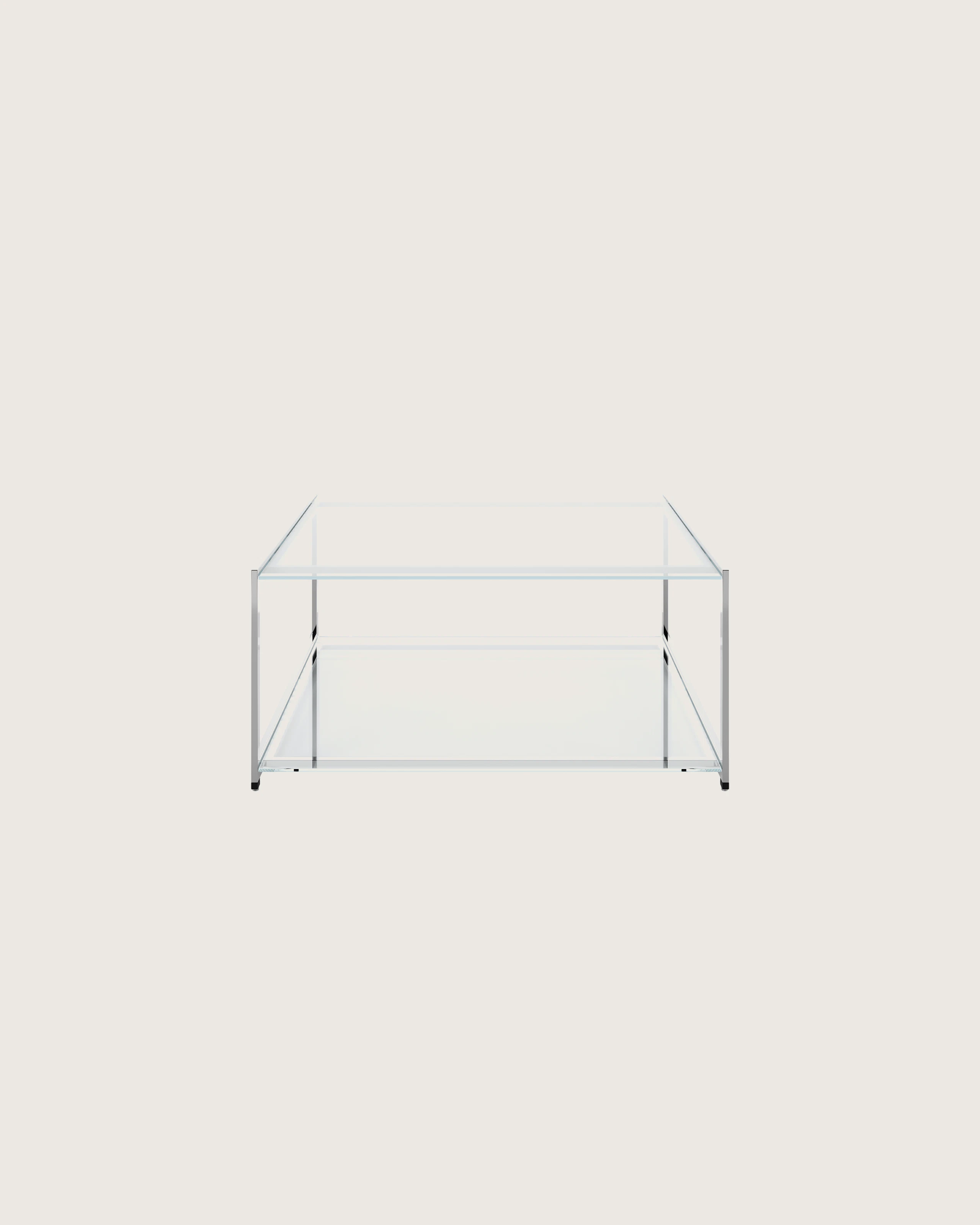 H Frame Coffee Table in clear glass with a chrome frame and base viewed from the front.