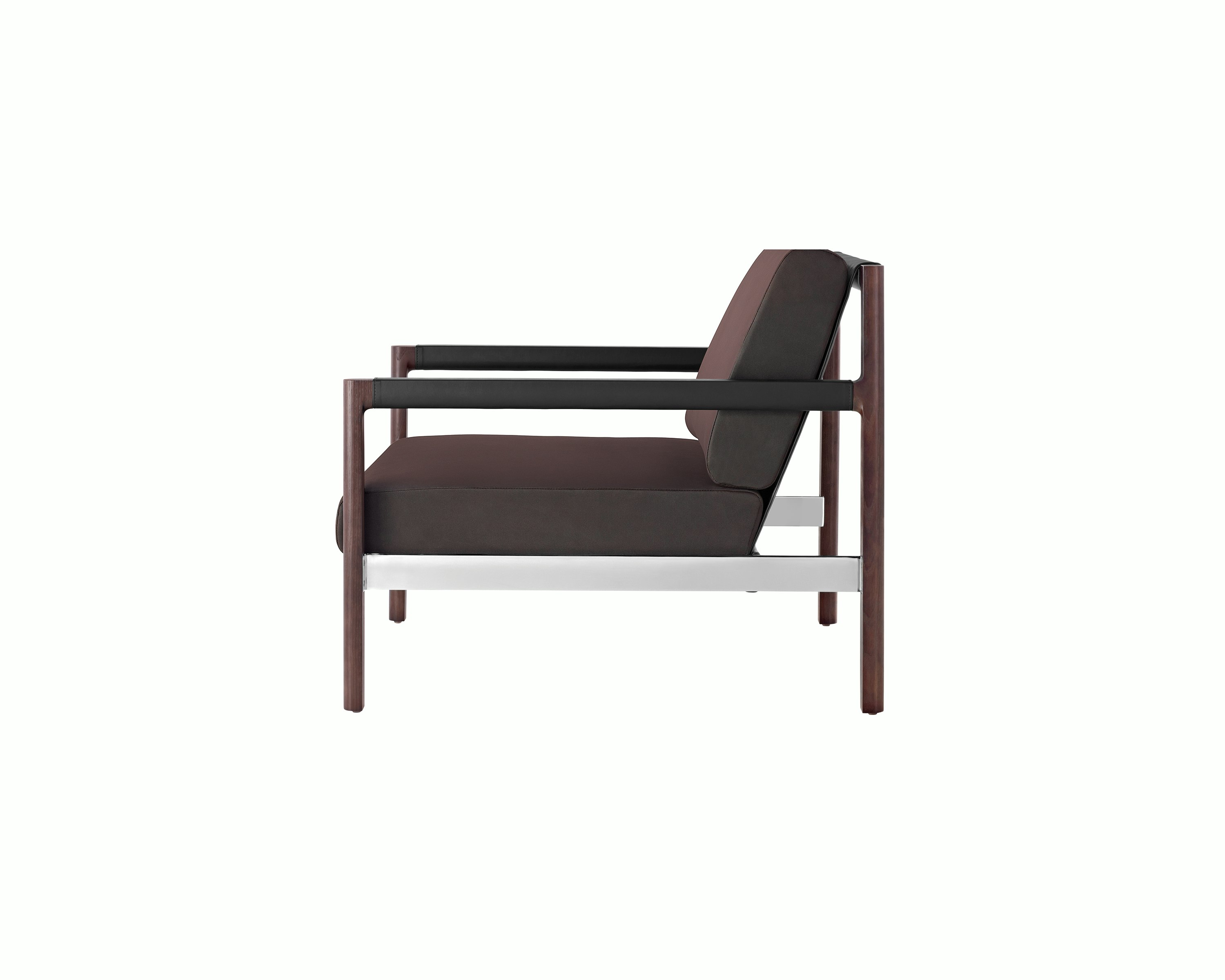 Side view of a Brabo club chair with dark brown upholstery, leather and metal accents, and an exposed wood frame.