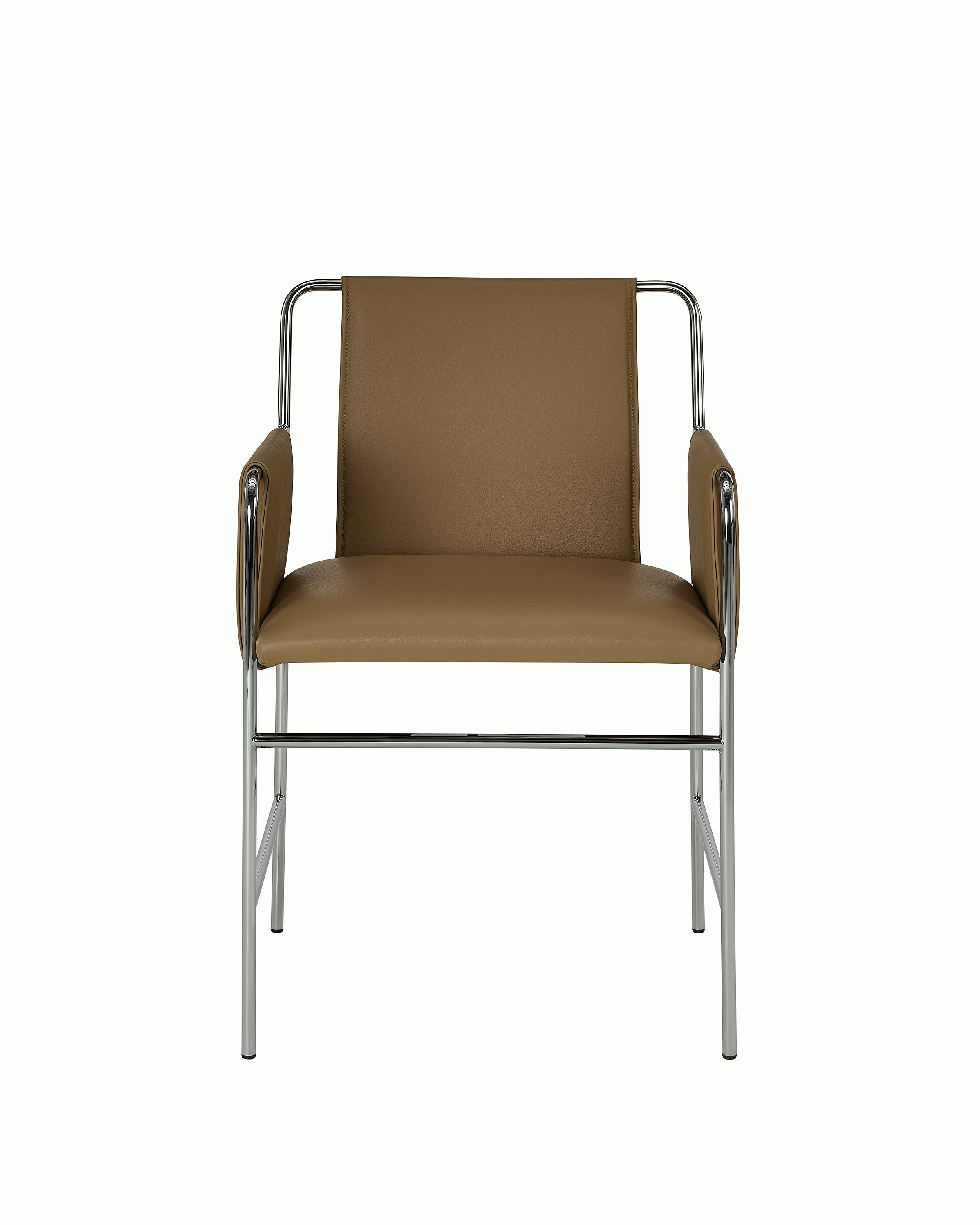 Envelope Chair designed by Ward Bennett upholstered in Prone Burlap Leather with a chrome base, shown front-facing on a white sweep.