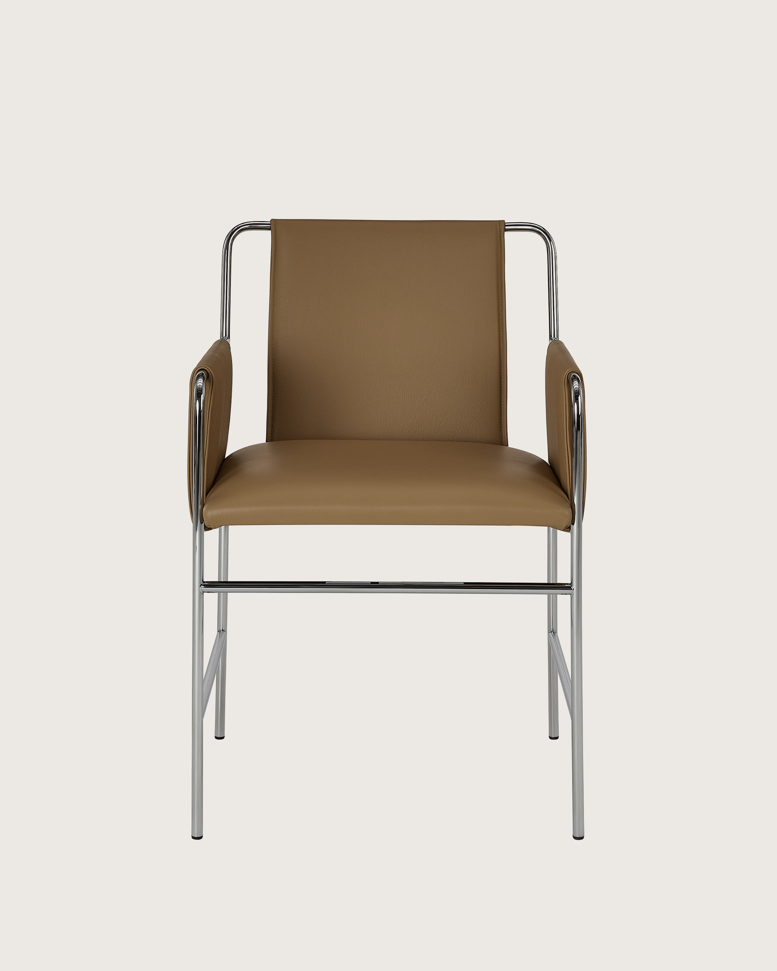 Envelope Chair designed by Ward Bennett upholstered in Prone Burlap Leather with a chrome base, shown front-facing on a white sweep.