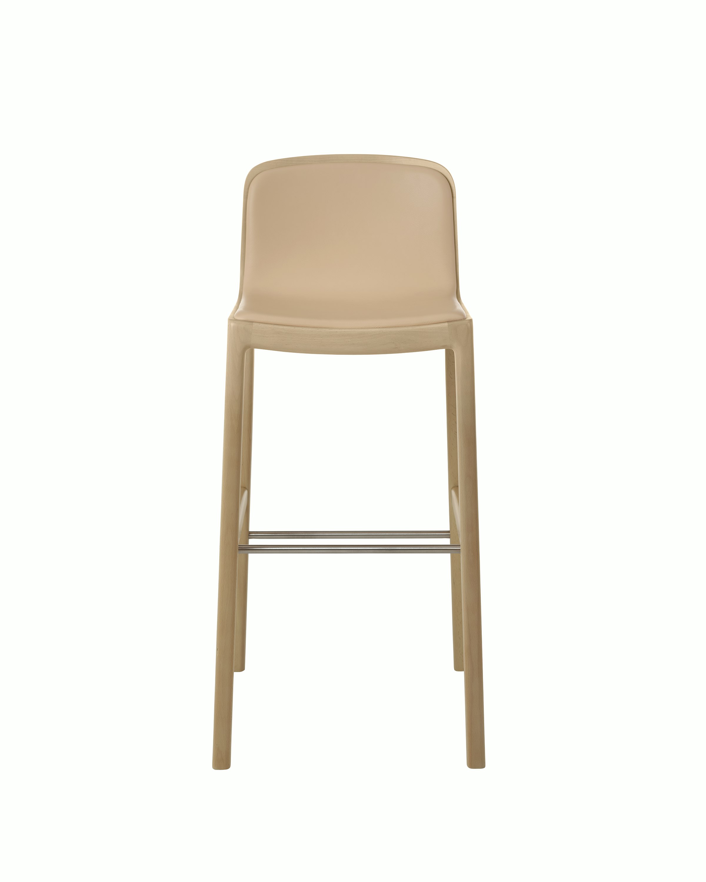 Lijn Stool by Carole Baijings for Geiger in Light Beech frame upholstered with Maharam Prone Leather in Balsa, front view on a white sweep.