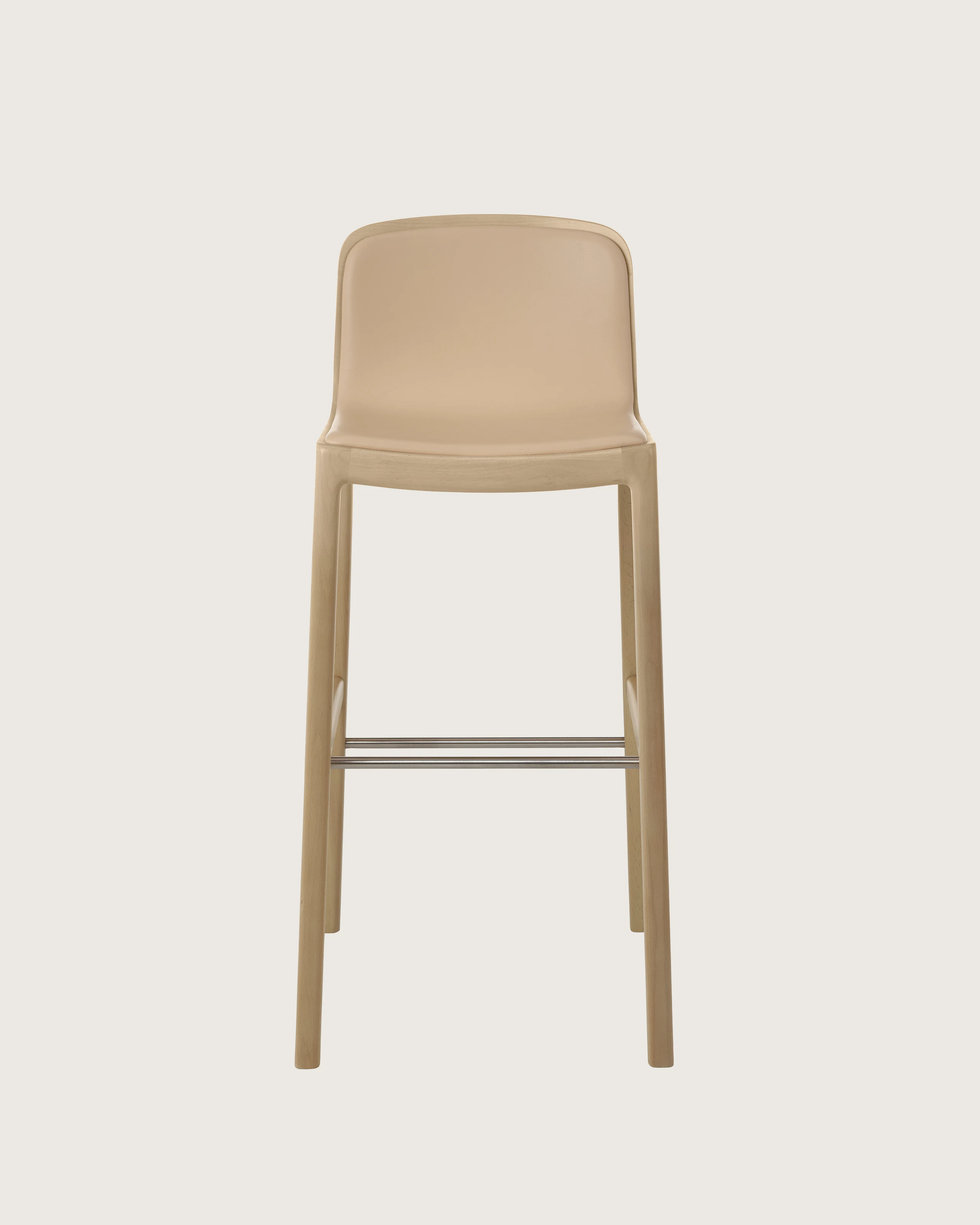 Lijn Stool by Carole Baijings for Geiger in Light Beech frame upholstered with Maharam Prone Leather in Balsa, front view on a white sweep.