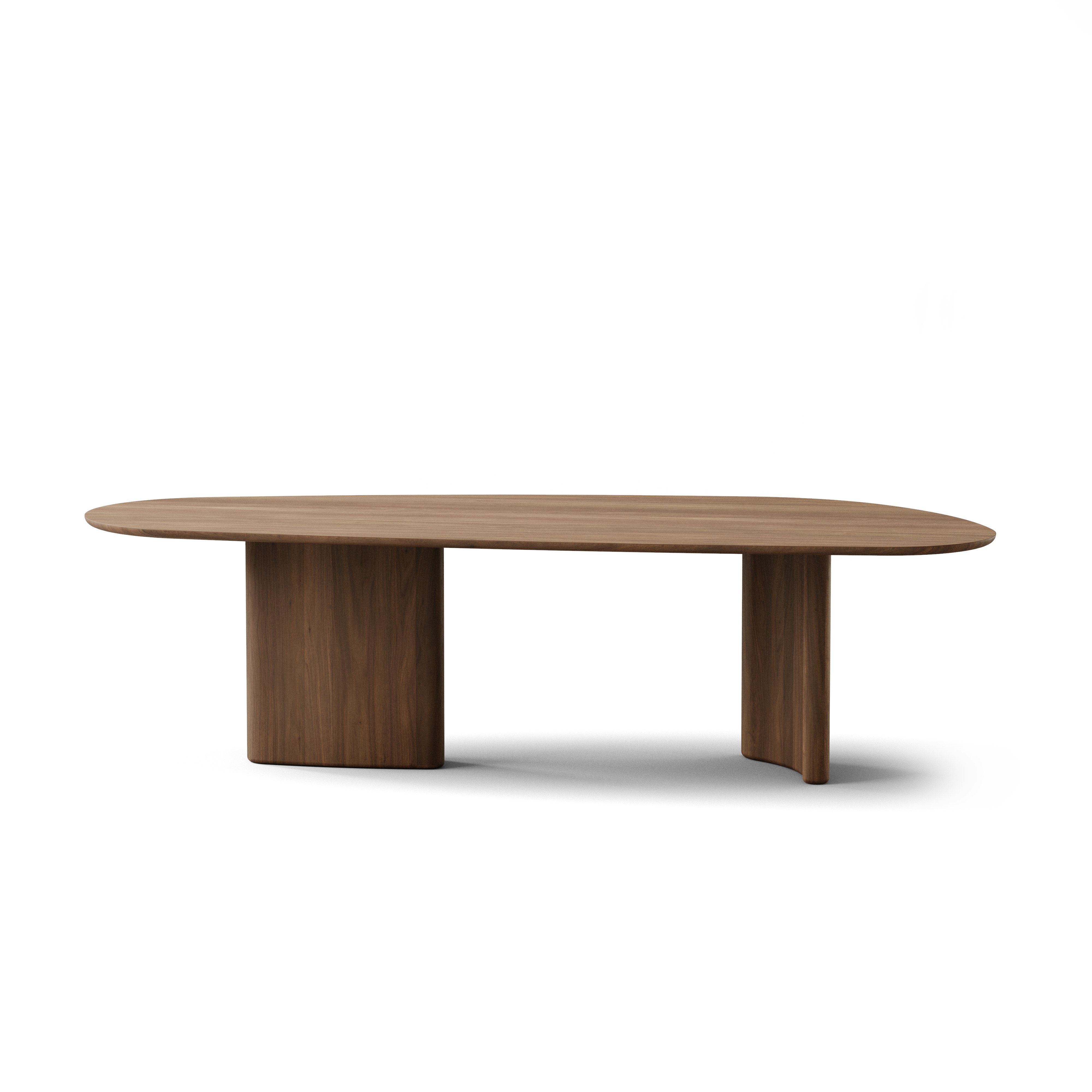 A Tangent Dining Table in Walnut viewed from the front.