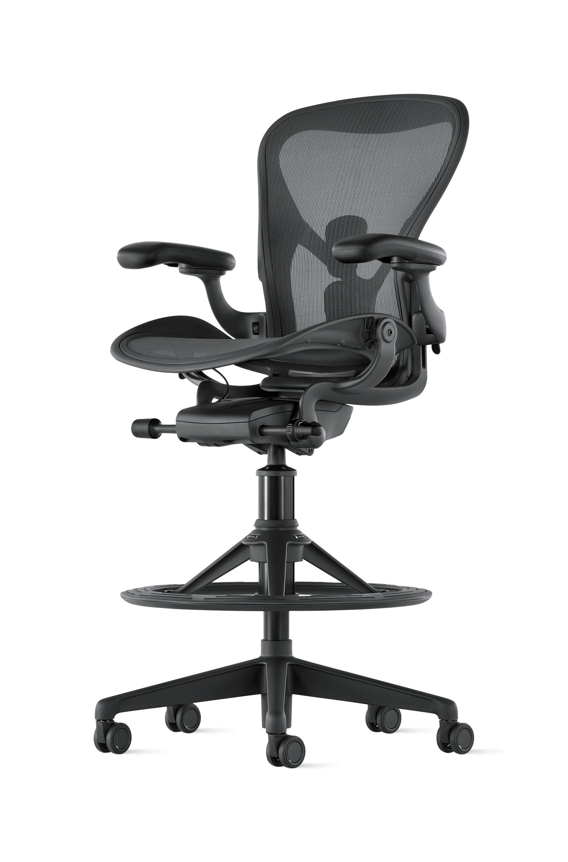 Front angle view of an Aeron Stool in dark grey.