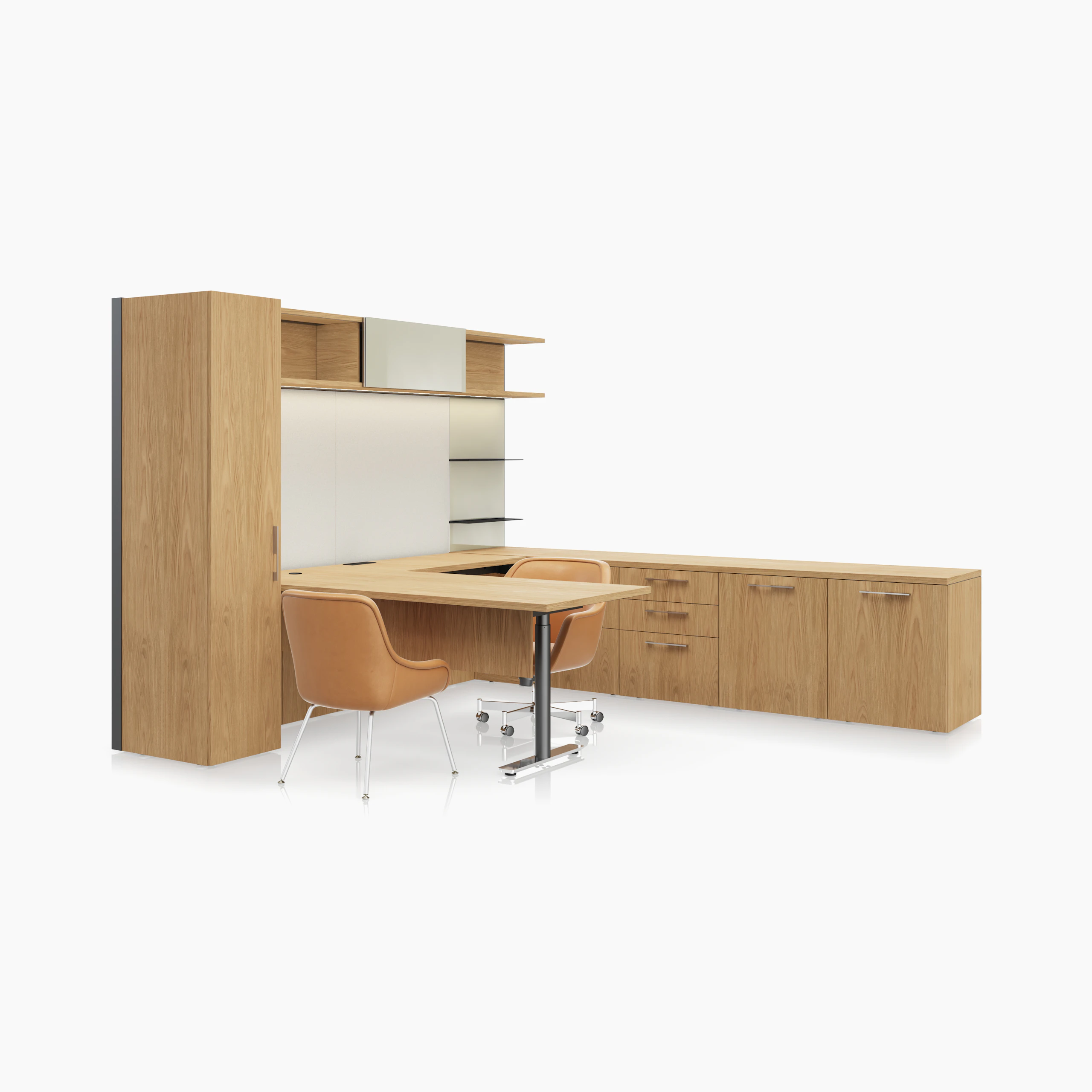 A Geiger One Private Office in Natural Flat Cut Oak with a Bumper Office and Side Chair in camel leather viewed from an angle.
