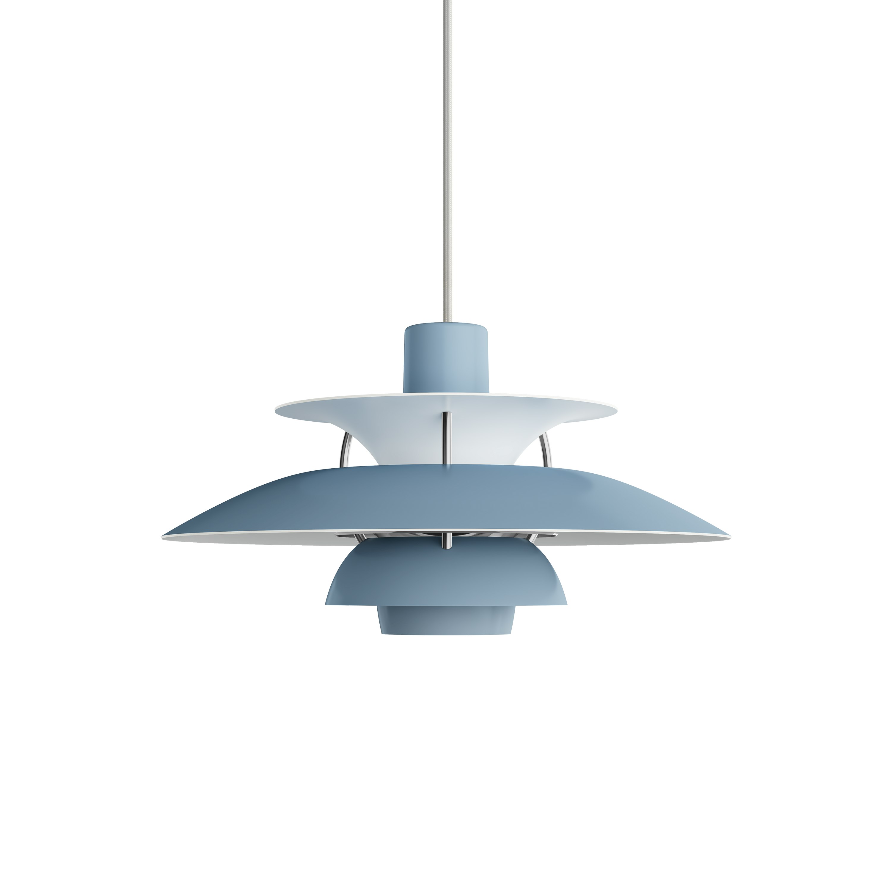 A PH5 Pendant Lamp in Mini, Smokey Blue / Chrome viewed from the front.