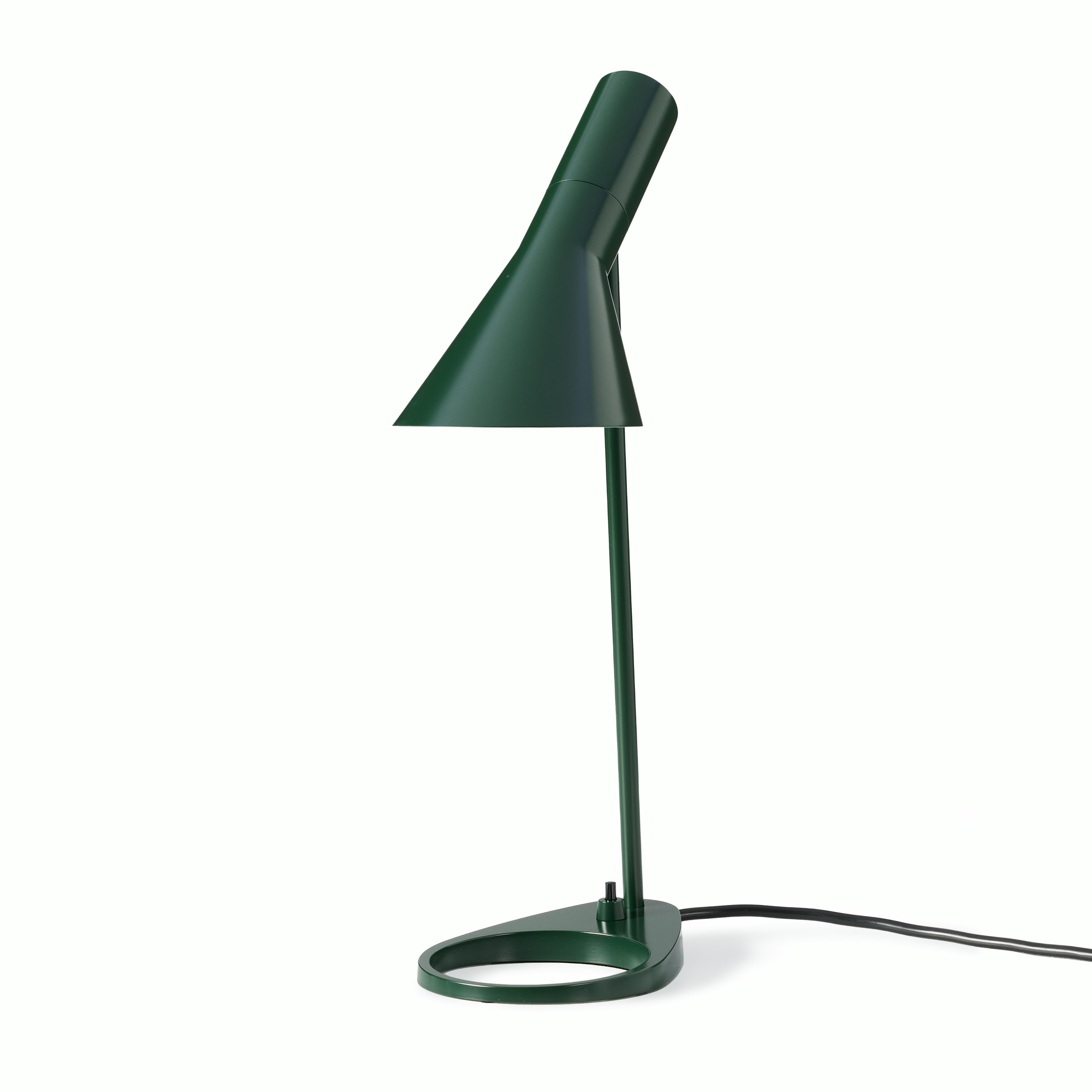A AJ Table Lamp in Olive Green viewed from an angle.
