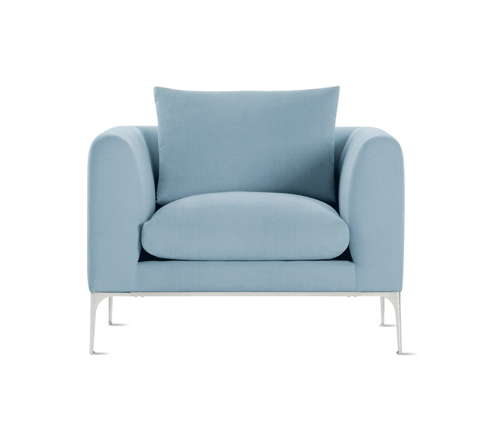 A Jonas Armchair in Metaphor, Icebound with Aluminum finish viewed from the front.