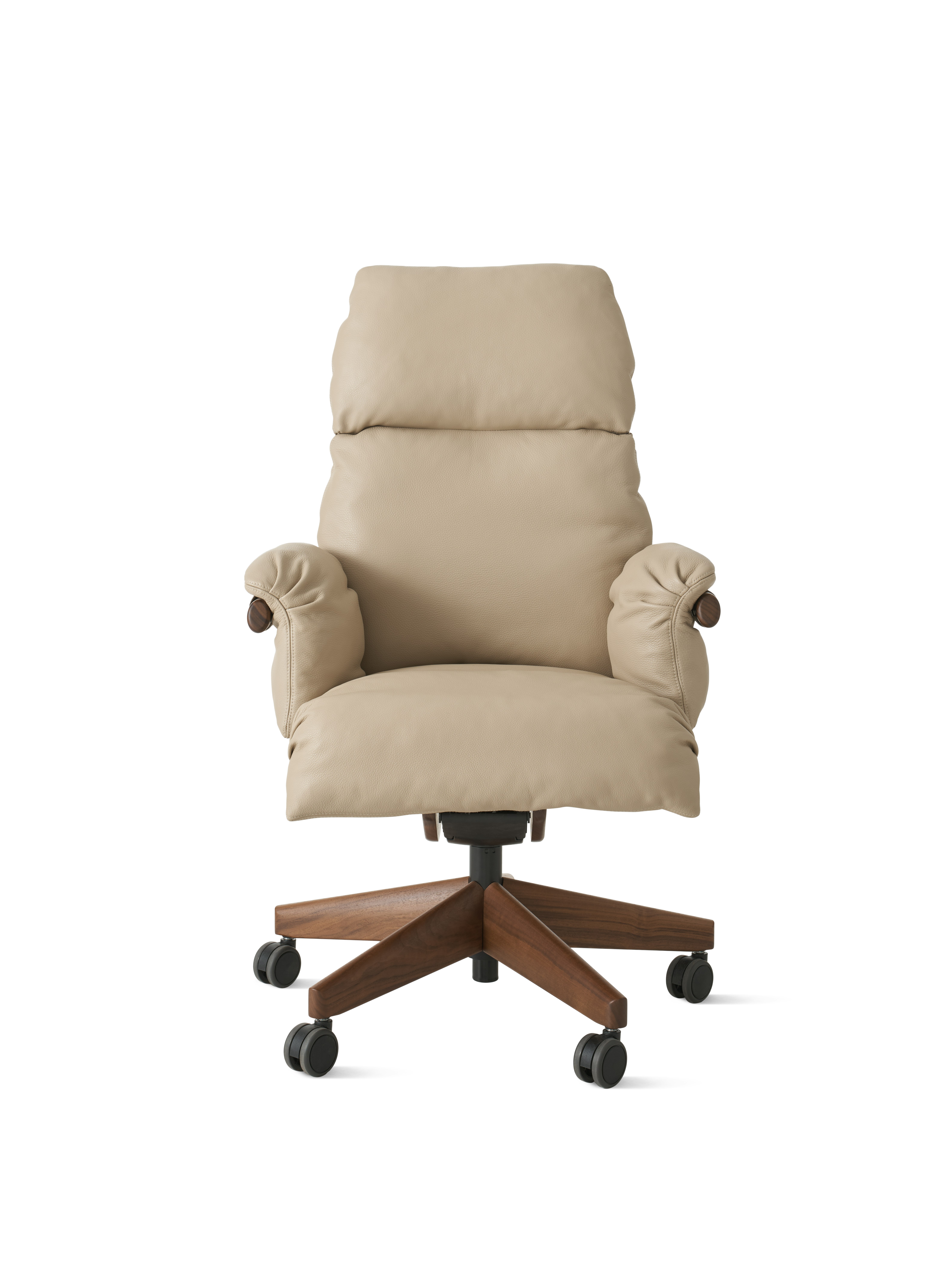 Ramus Chair - High Back,  Comfort Leather,  Grey Beige,  Walnut,  Satin Nickel,  Hard Floor Caster