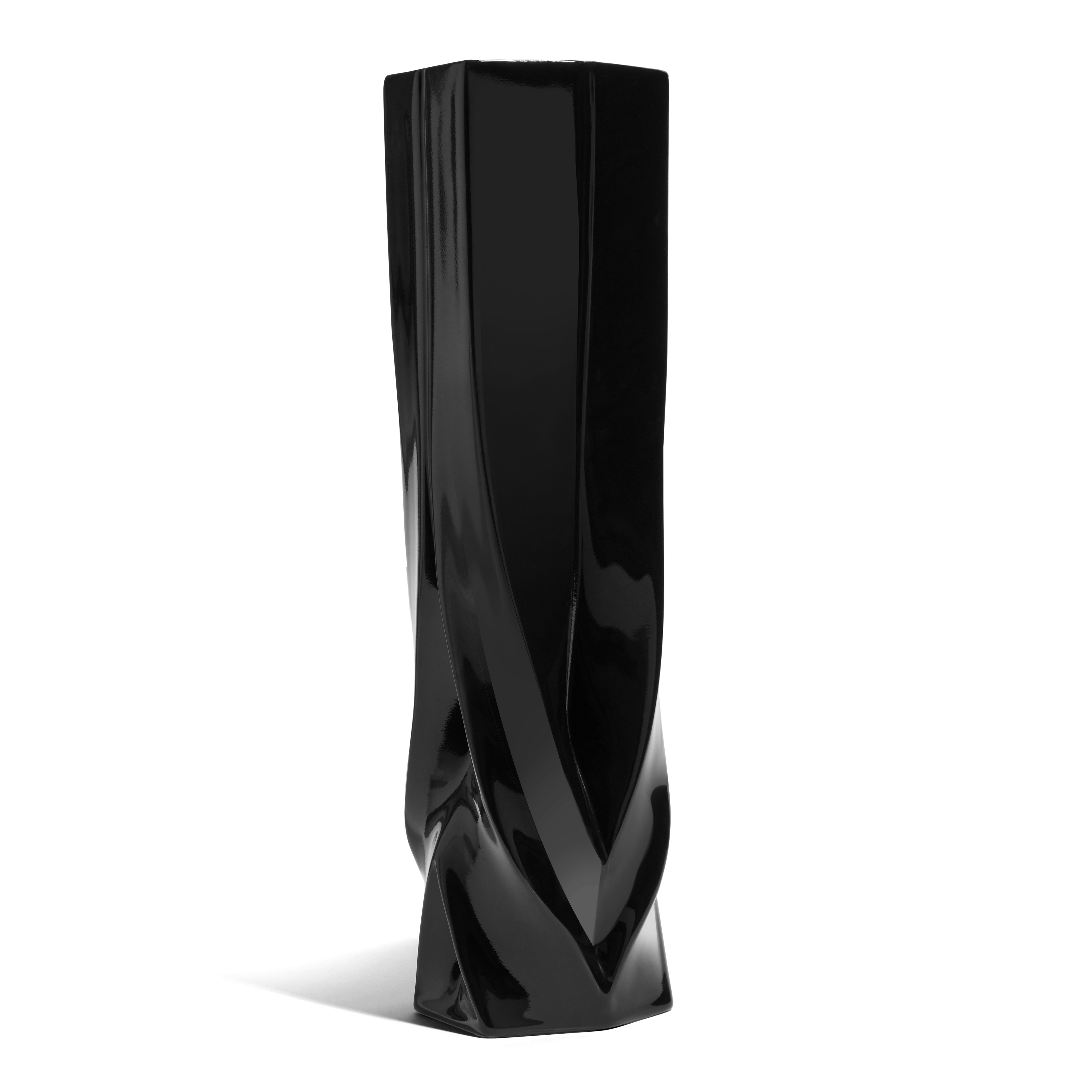 A Braid Vase in Tall, Black viewed from an angle.