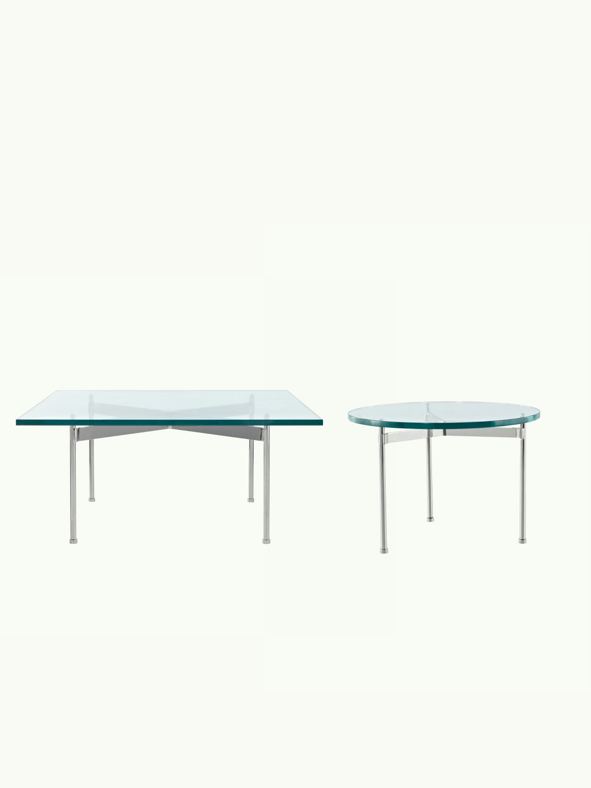 Two Claw Tables designed by Ward Bennett with glass tops and chrome bases, one square version front-facing, and one round version shown at an angle, on a white sweep.