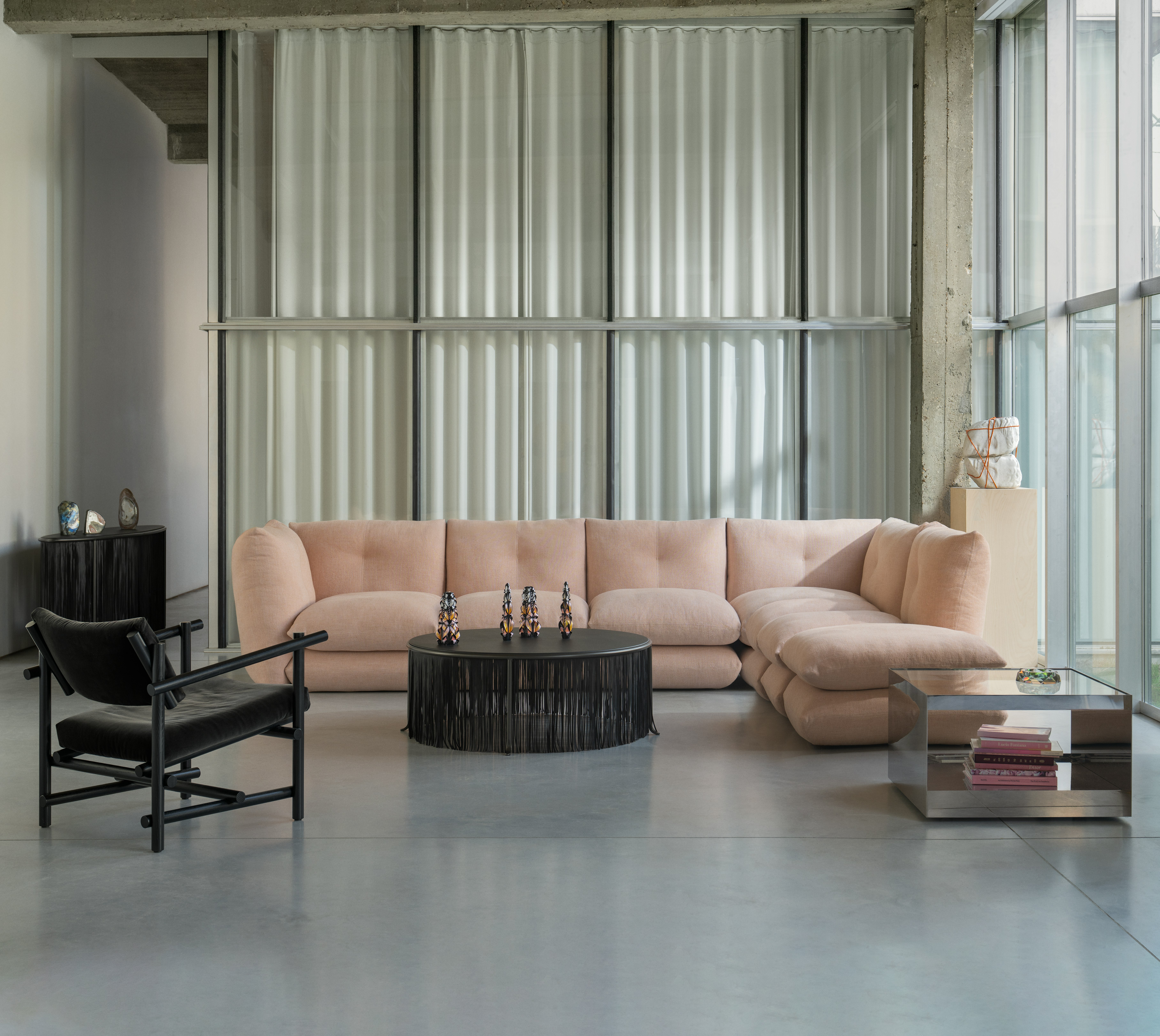 Muecke Lounge Chair, Pillo Five Seater Sectional and Dozie coffee table - Extended Height