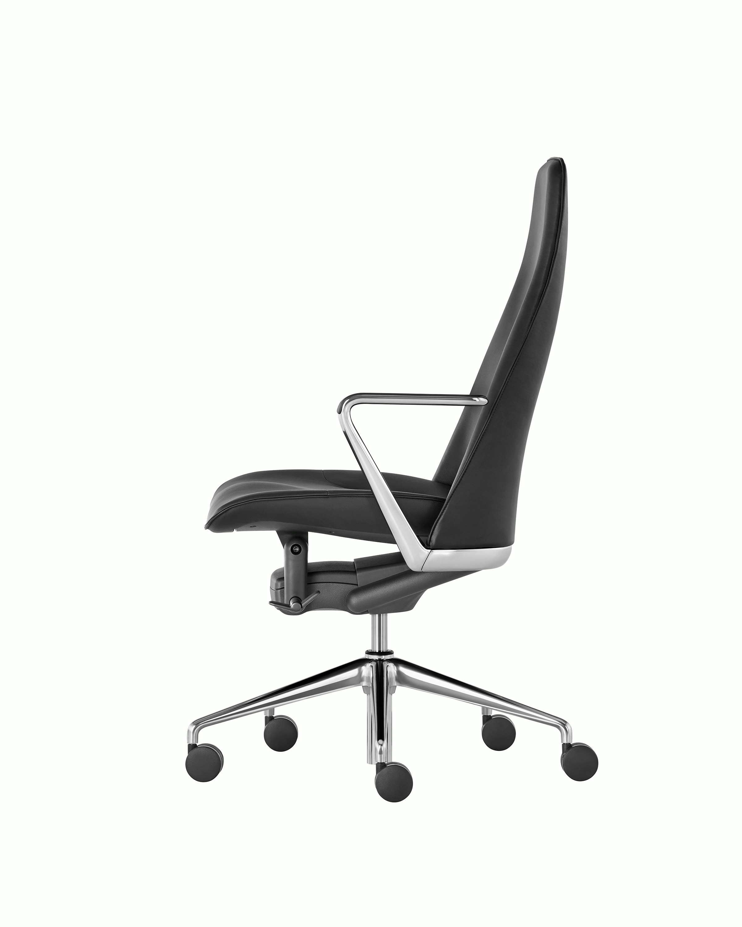 Side view of a Taper office chair with black leather upholstery.
