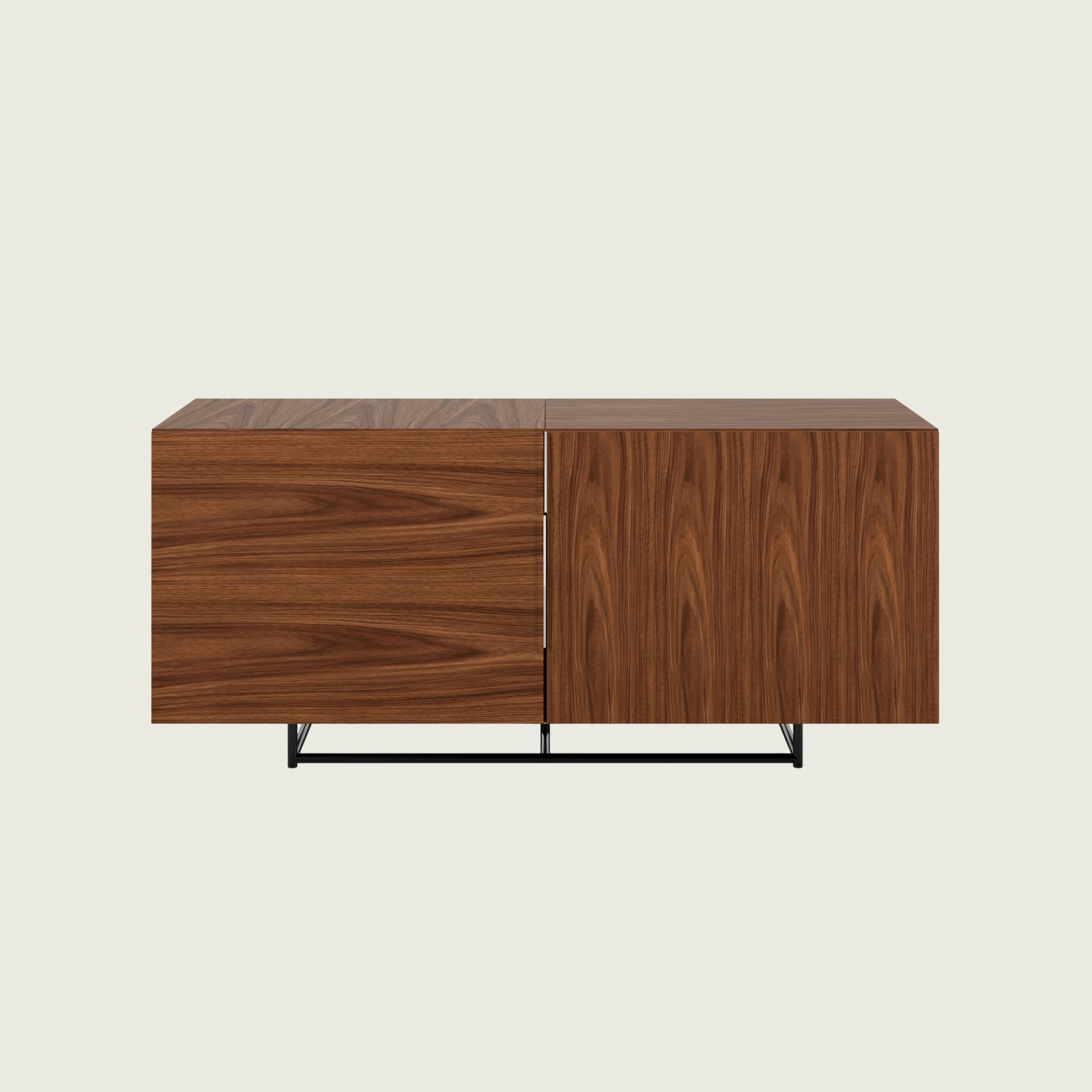 Two unit wide Domino Credenza with shelf storage in walnut with a black base viewed from the front.