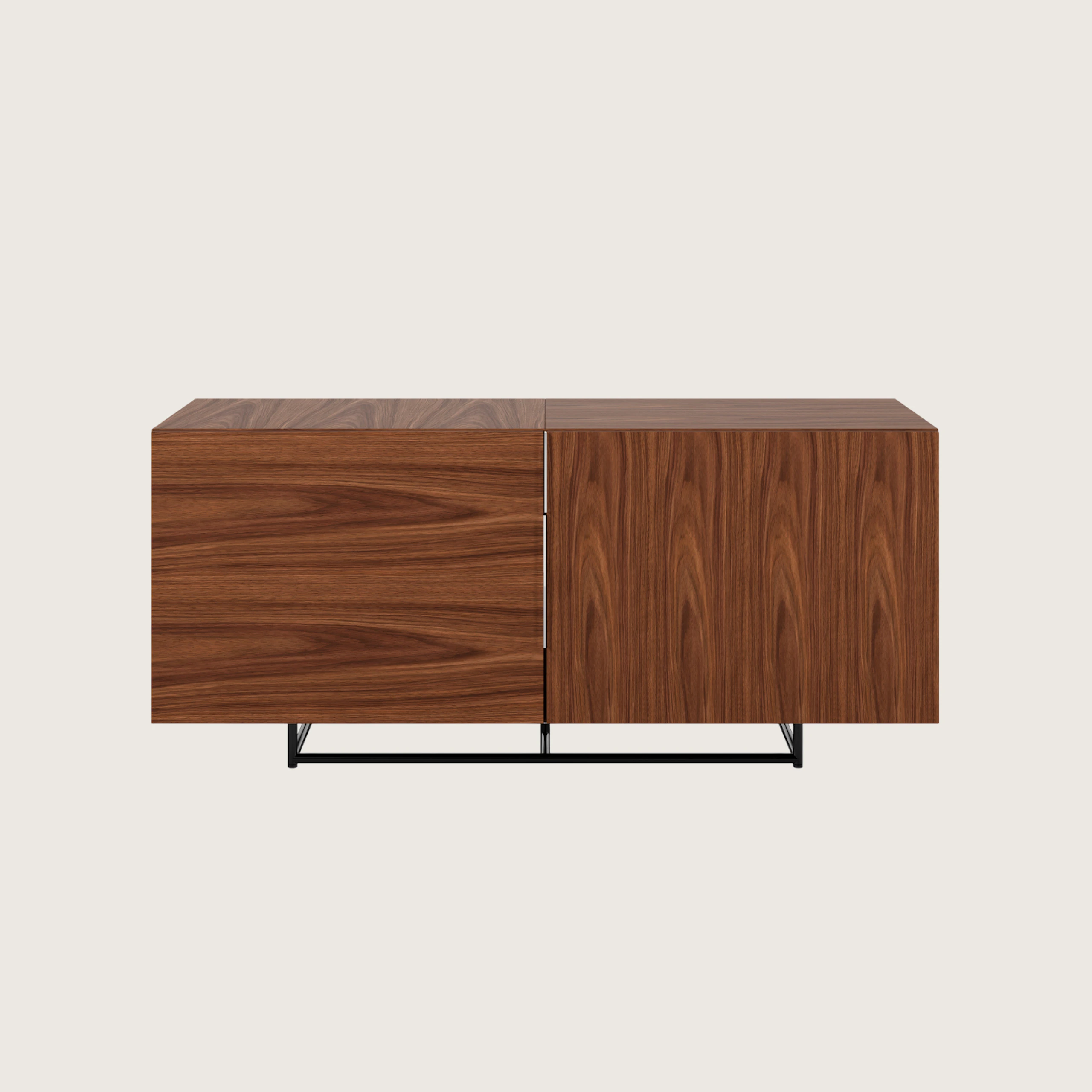 Two unit wide Domino Credenza with shelf storage in walnut with a black base viewed from the front.