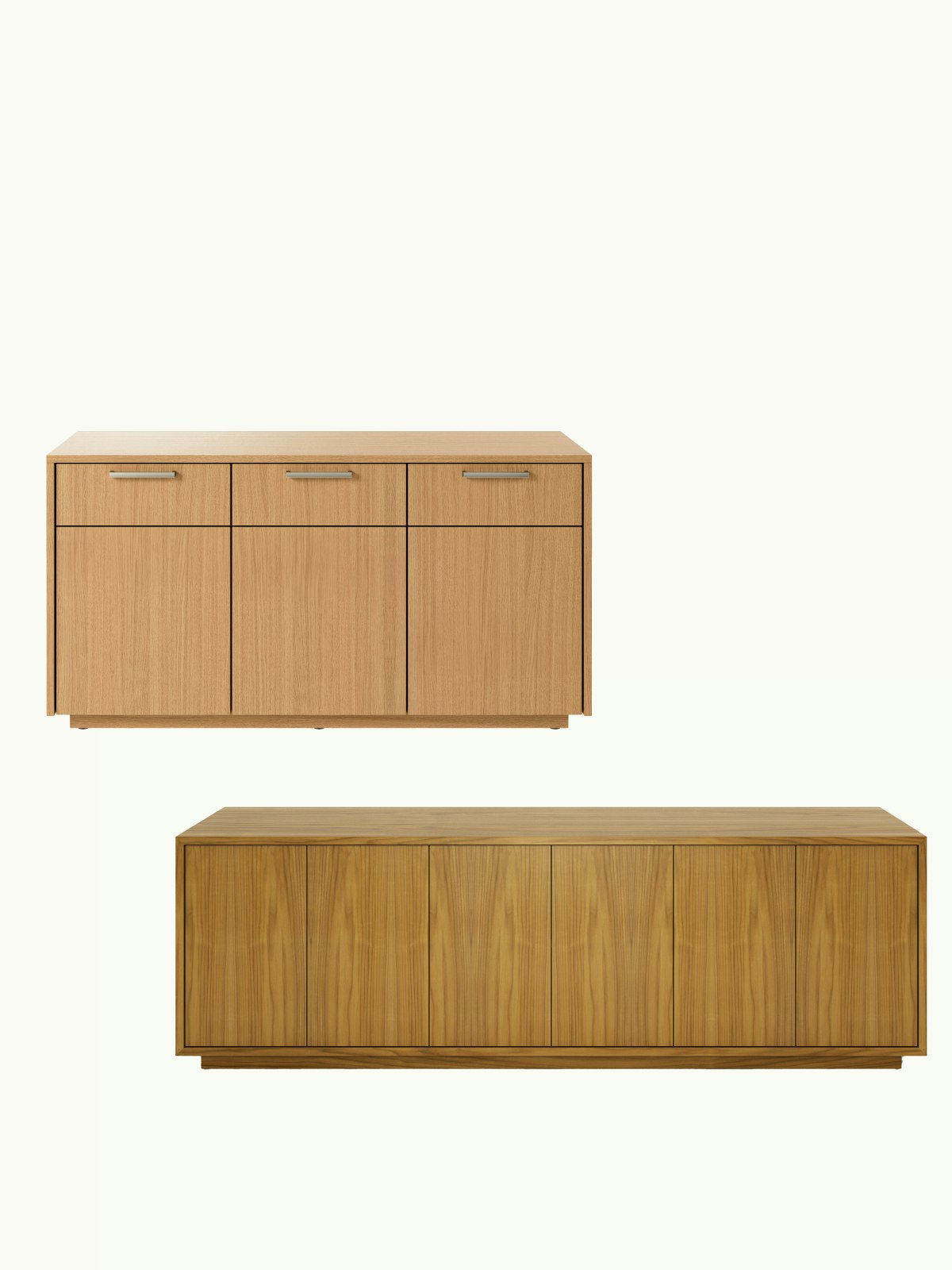 Two JD Credenzas in medium wood finishes, one positioned staggered above the other, both shown front facing on a white sweep.