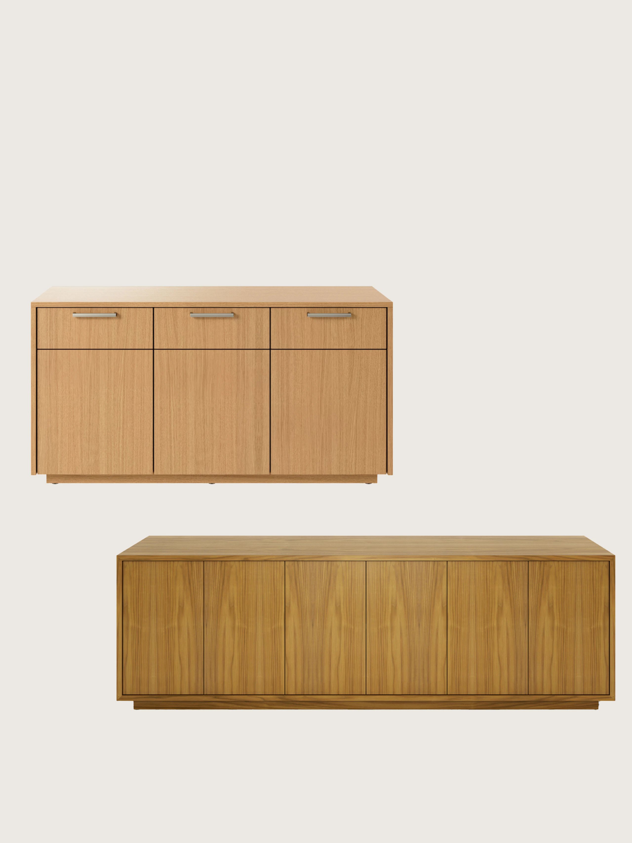 Two JD Credenzas in medium wood finishes, one positioned staggered above the other, both shown front facing on a white sweep.