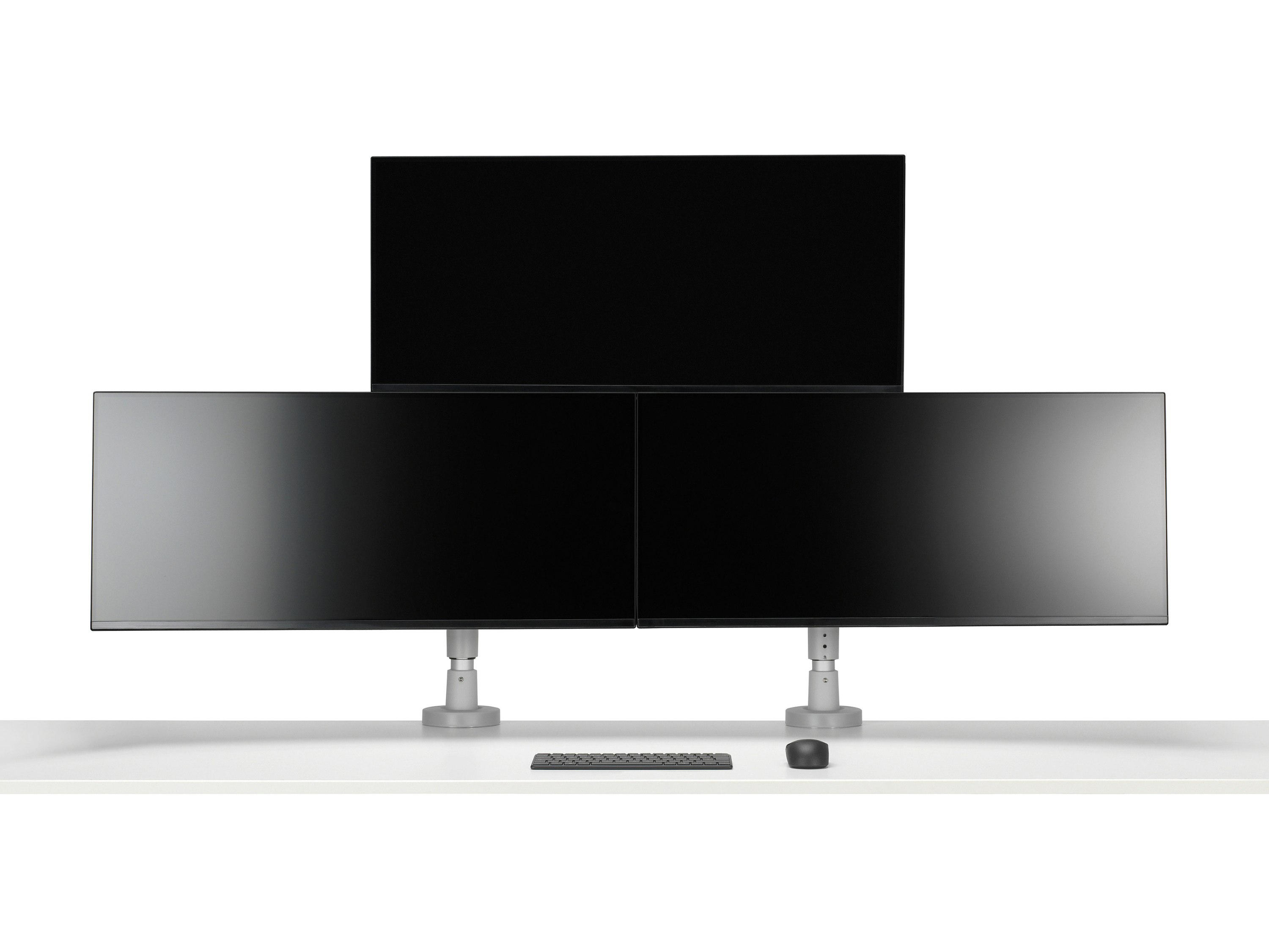 Flo Modular monitor arm triple silver viewed from the front