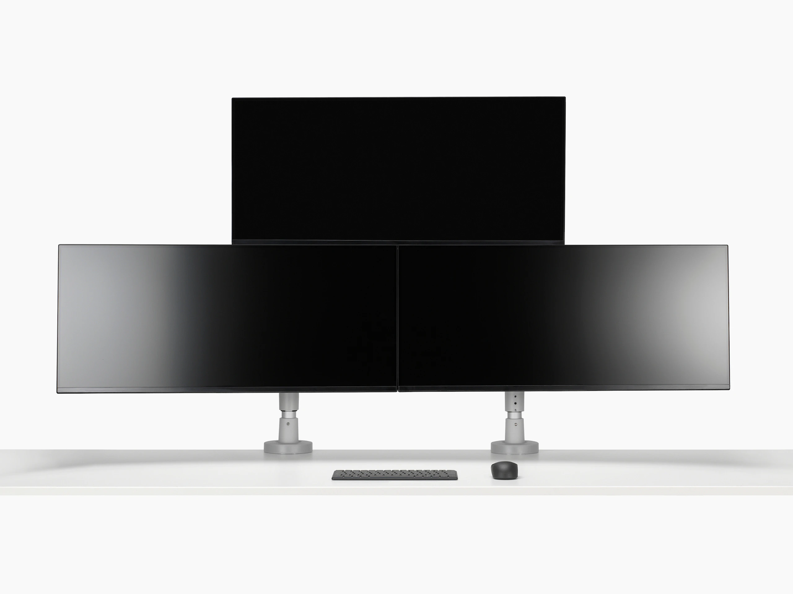 Flo Modular monitor arm triple silver viewed from the front