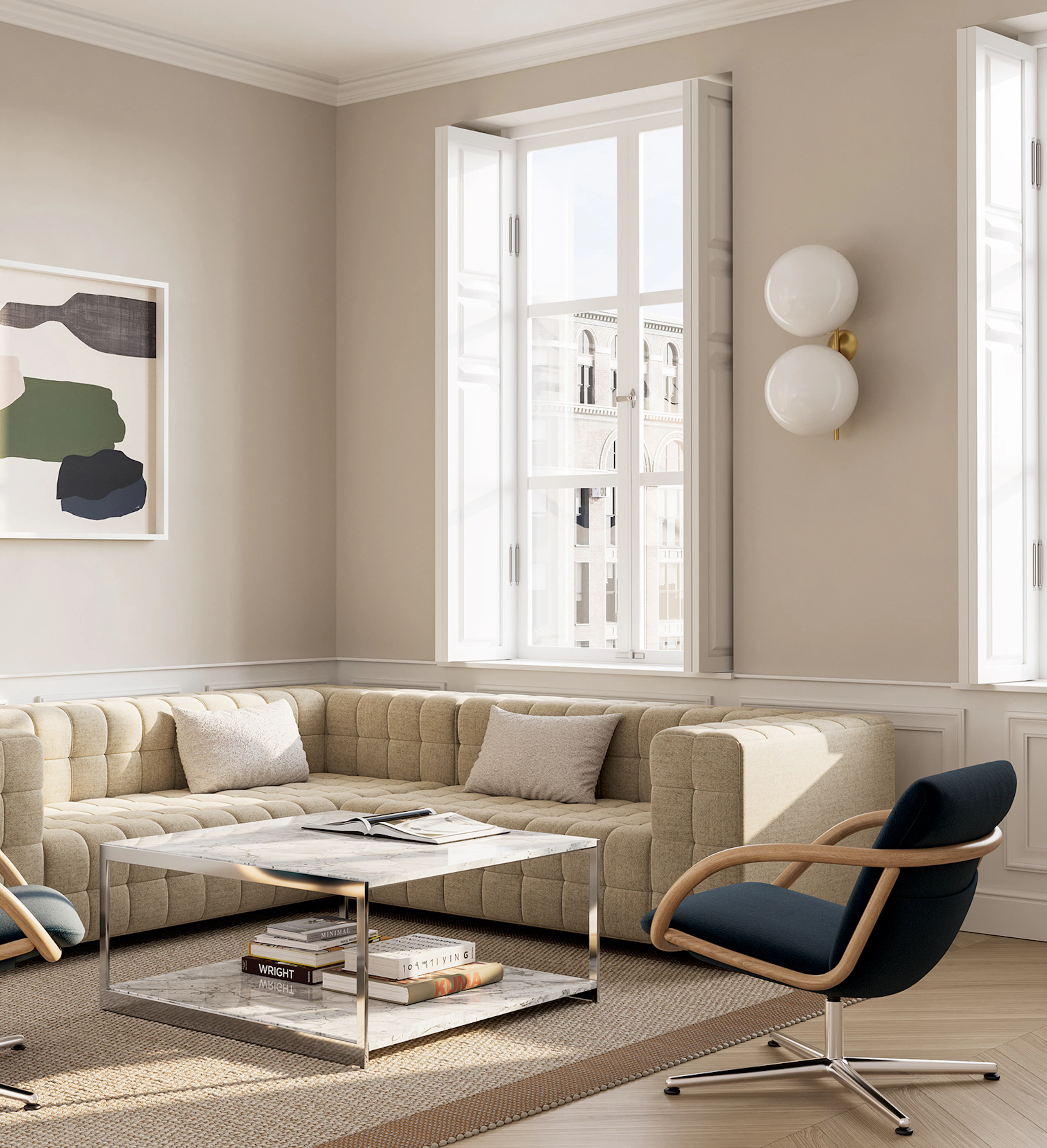 Full Loop Lounge Chairs with Rapport Sofa and H Frame Coffee Table in a residential or collaborative office setting.