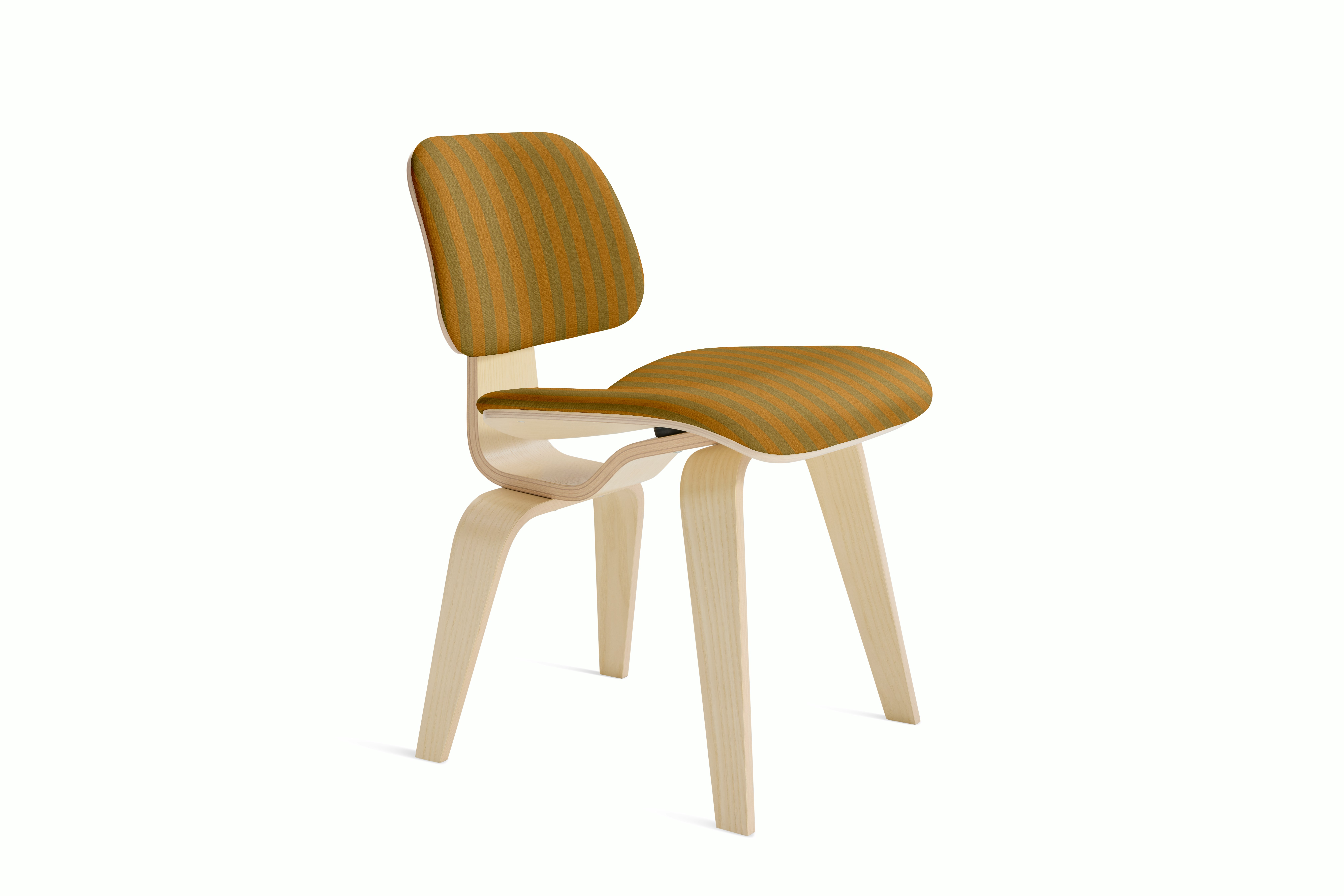 Eames Molded Plywood Dining Chair Wood Base (DCW) - Upholstered,  White Ash,  Toostripe,  Ochre Dark and Sienna