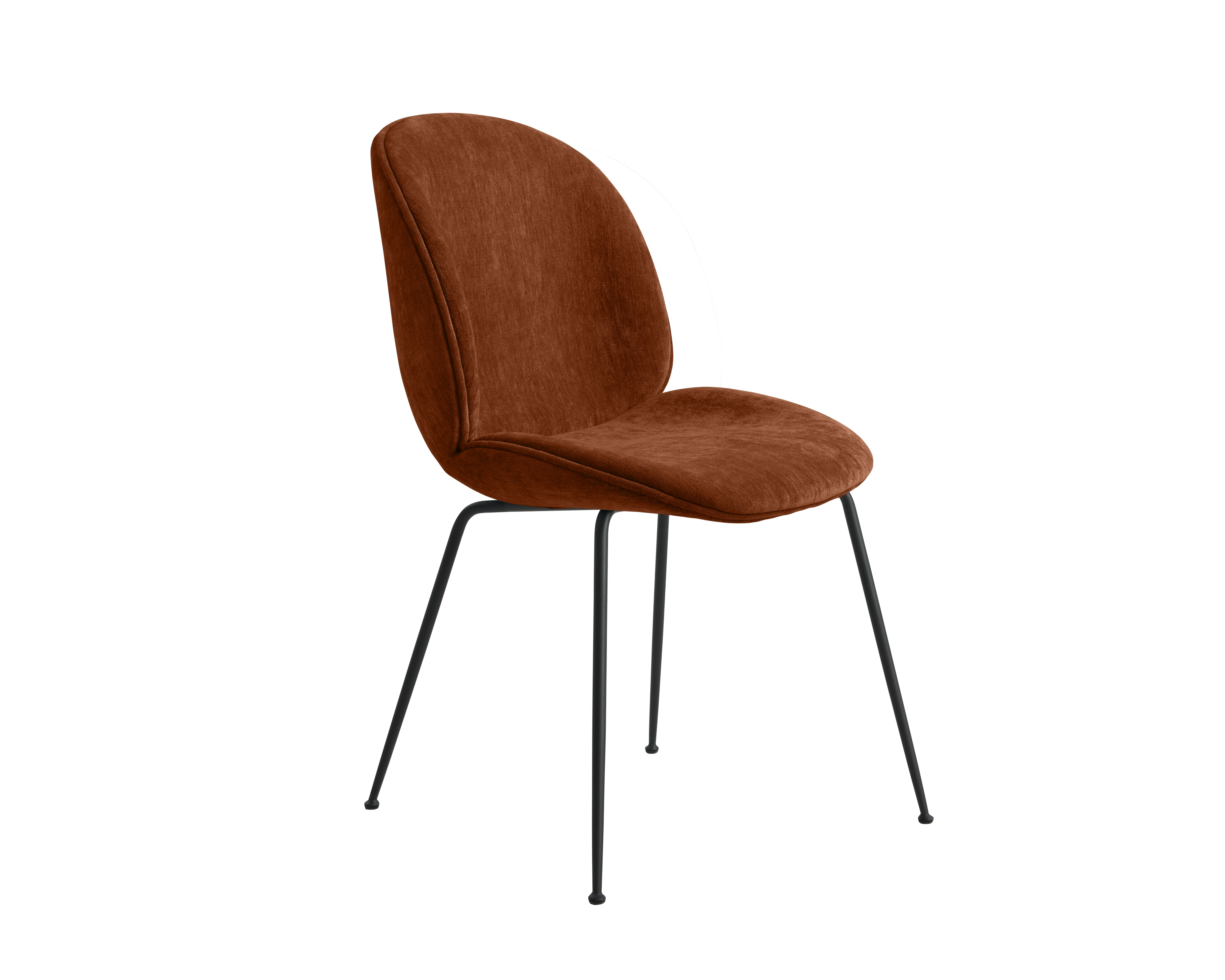 A Beetle Side Chair in rust black, metal viewed from an angle.