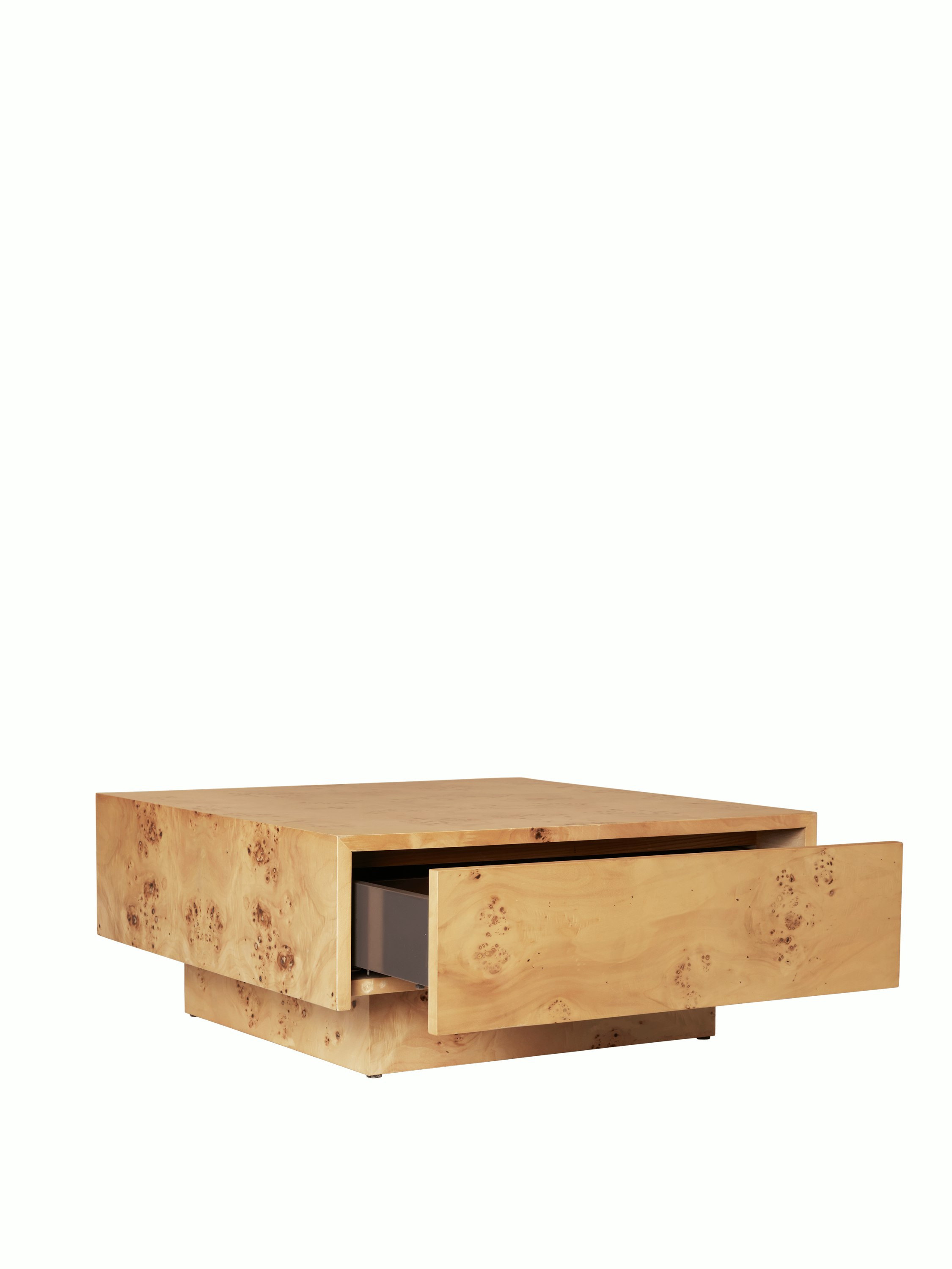 A detailed look at Burl Storage Coffee Table.