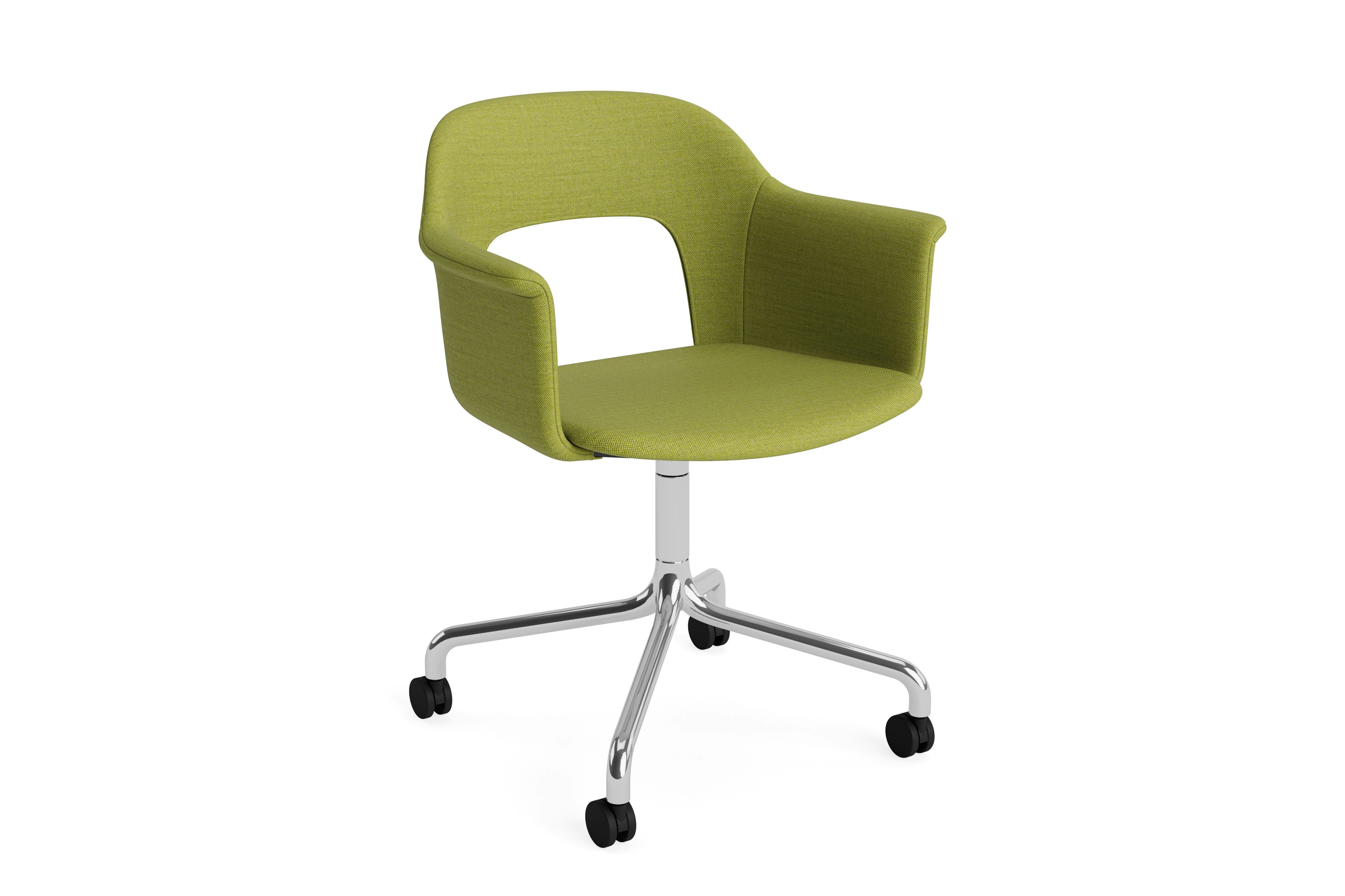 Upholstered armchair on arc caster base, angled view