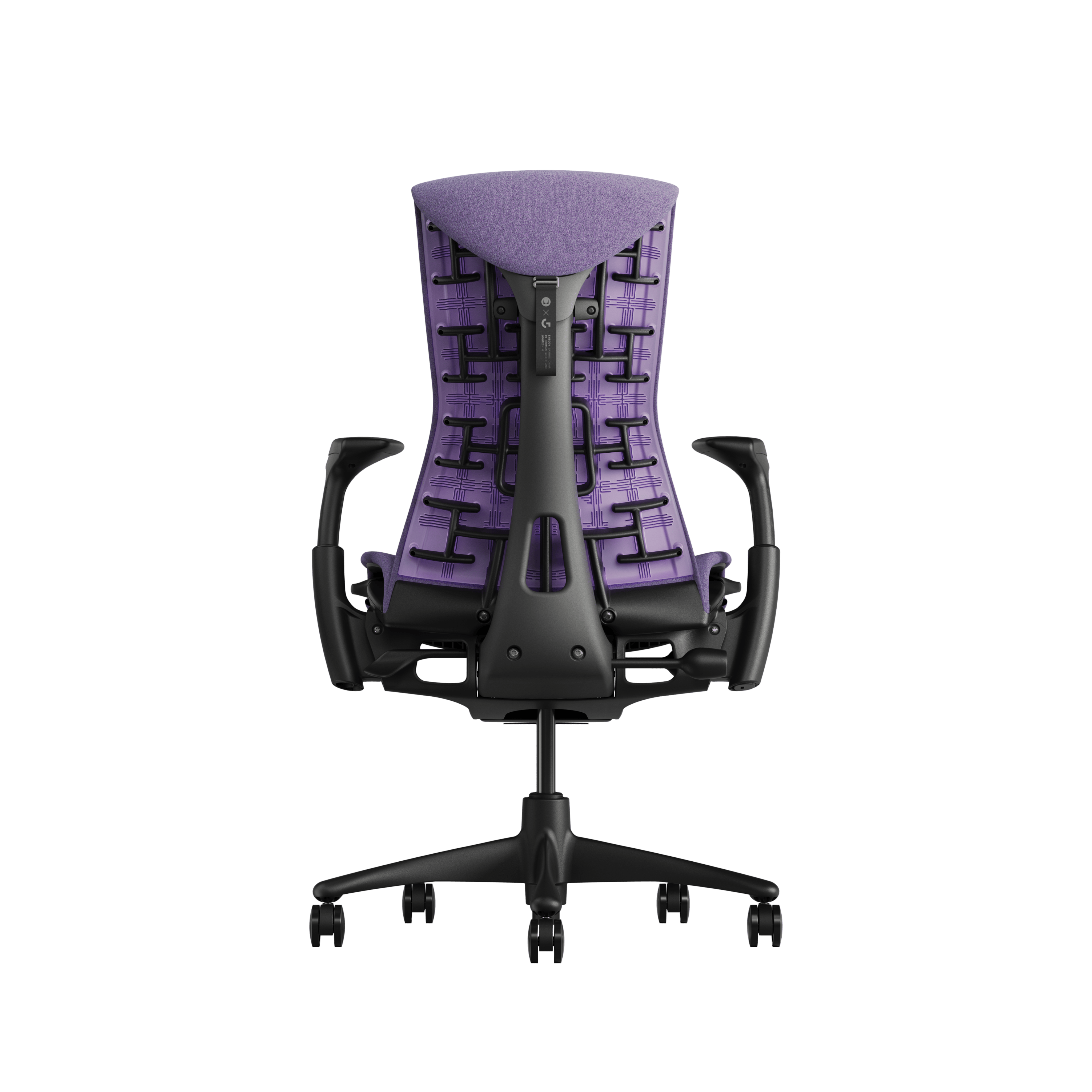 Embody Gaming Chair in Graphite, Amethyst and White viewed from the back