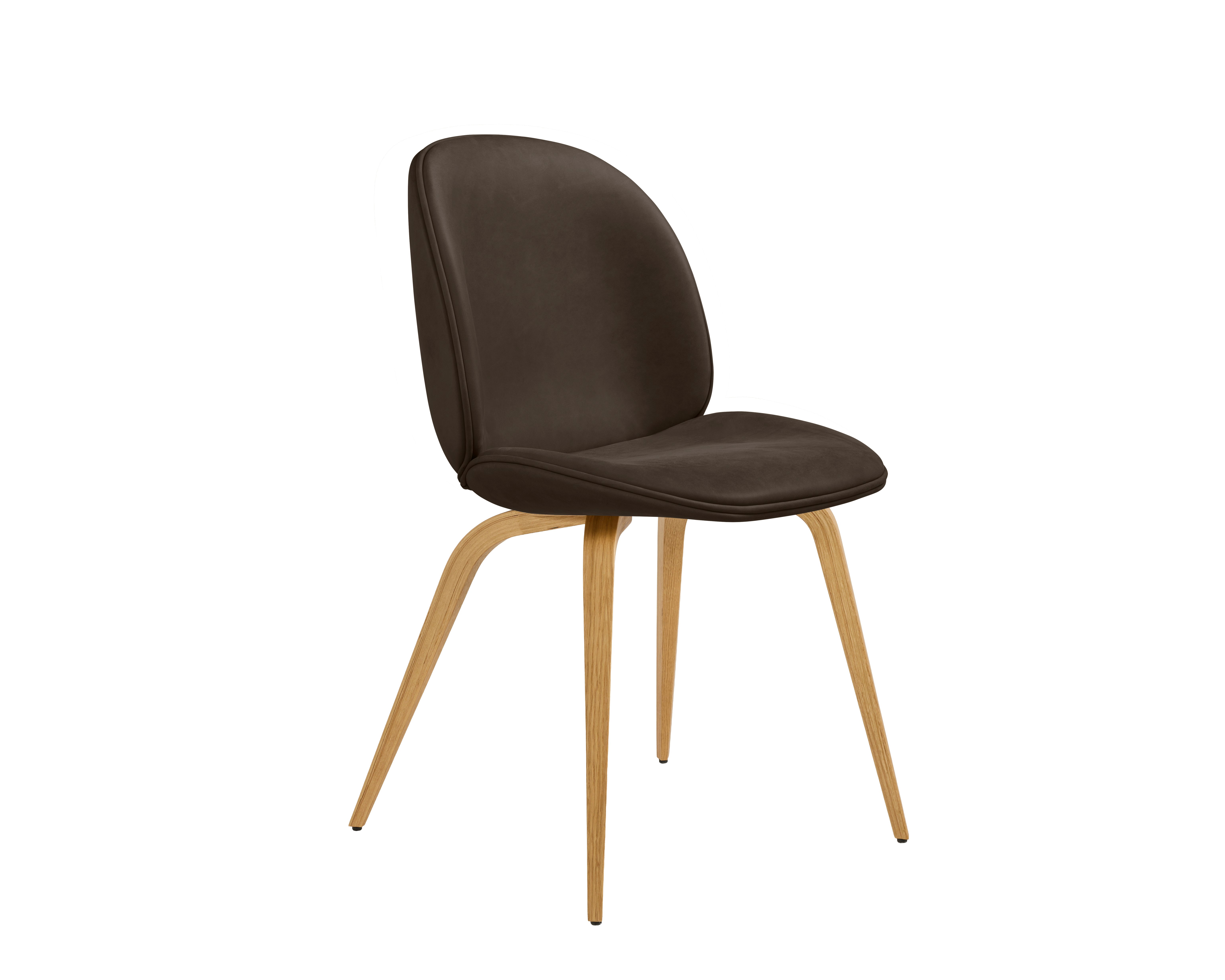 A Beetle Side Chair in brown, oak viewed from an angle.