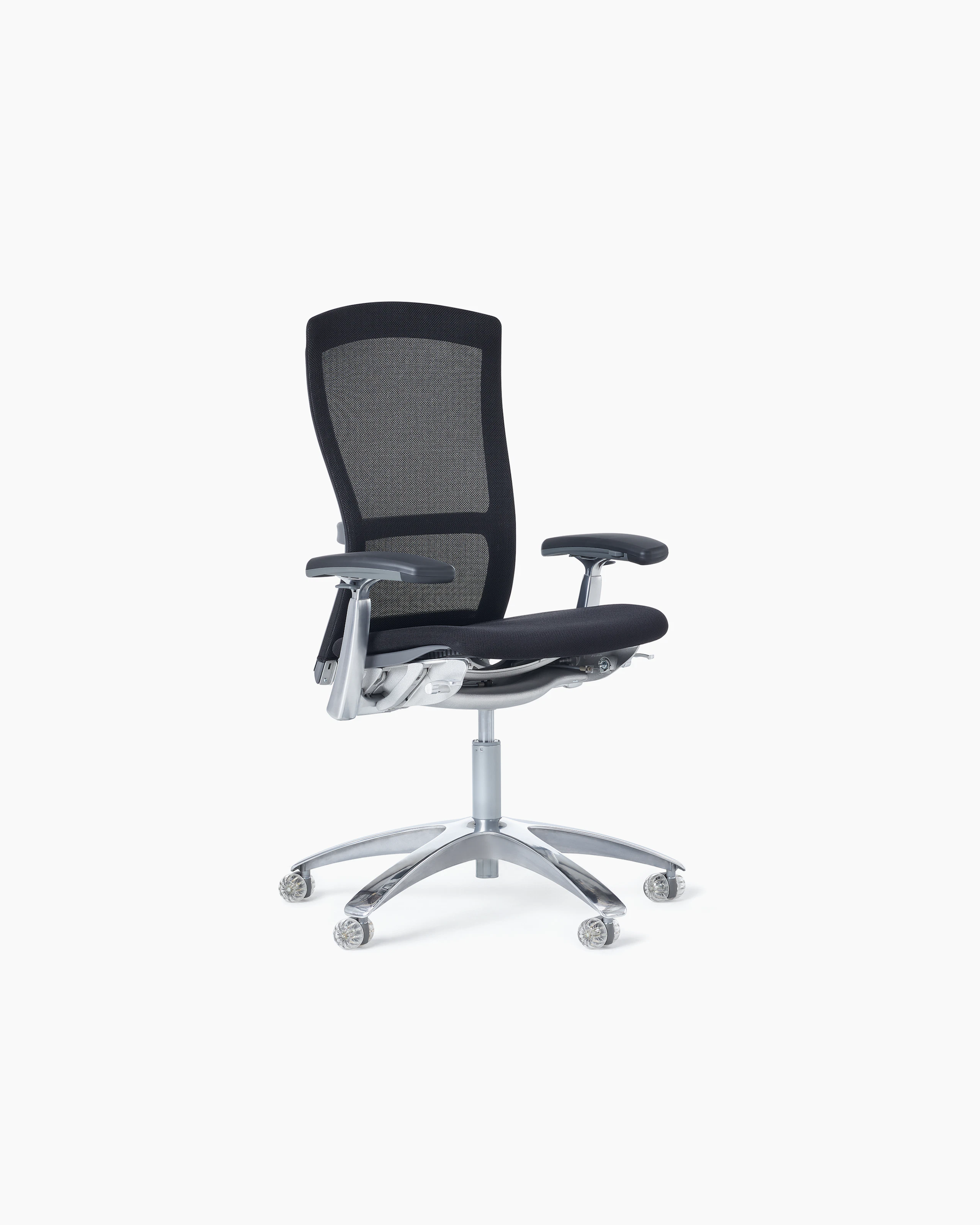 Front angle view of a Life chair with black suspension and seat and polished base.