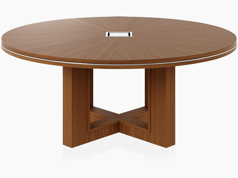 Circular Highline Fifty Meeting Table in Natural Quarter Cut Walnut with Polished Chrome details viewed from the front.