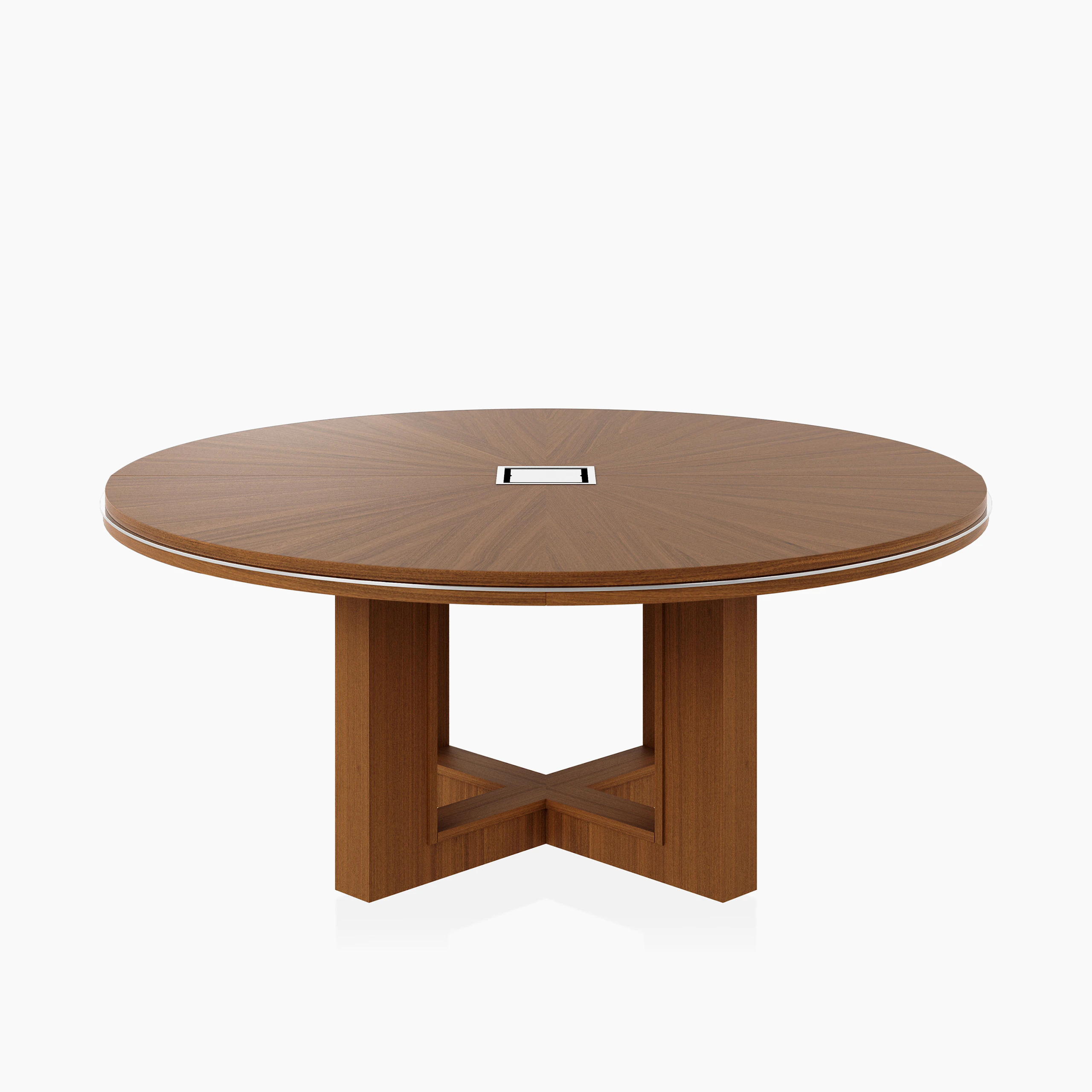 Circular Highline Fifty Meeting Table in Natural Quarter Cut Walnut with Polished Chrome details viewed from the front.