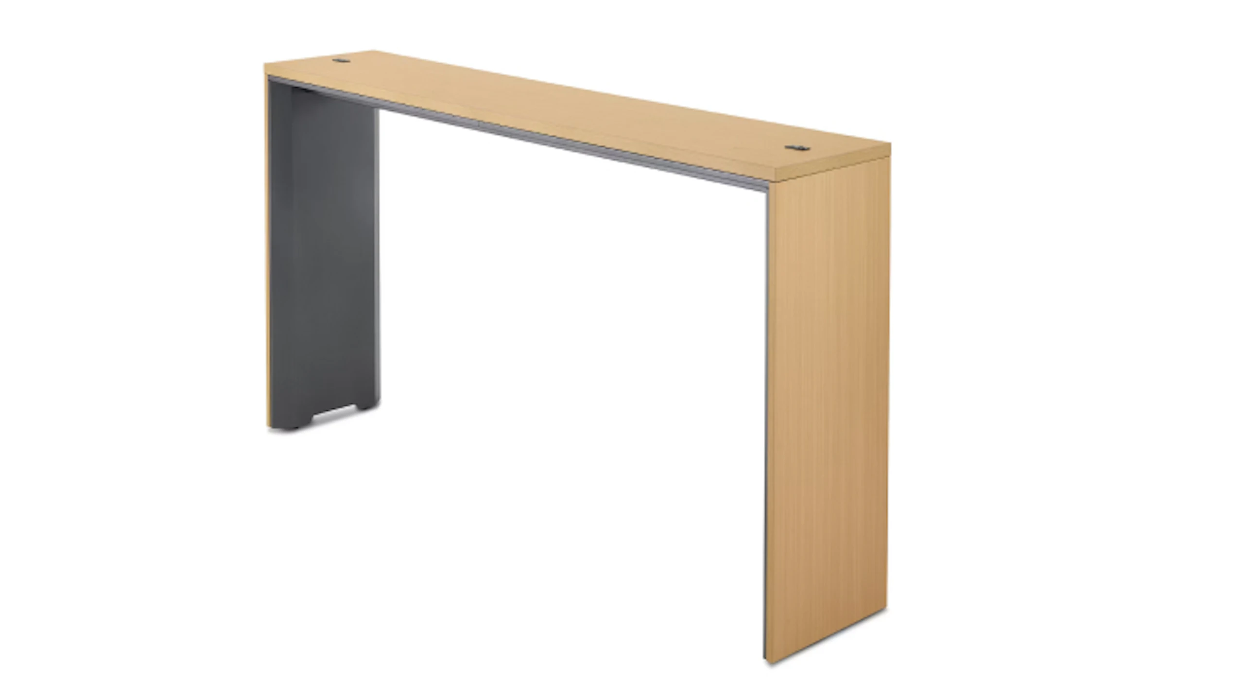 A narrow communal Headway table at standing height with a medium light wood top and dark gray base viewed at a 45-degree angle.
