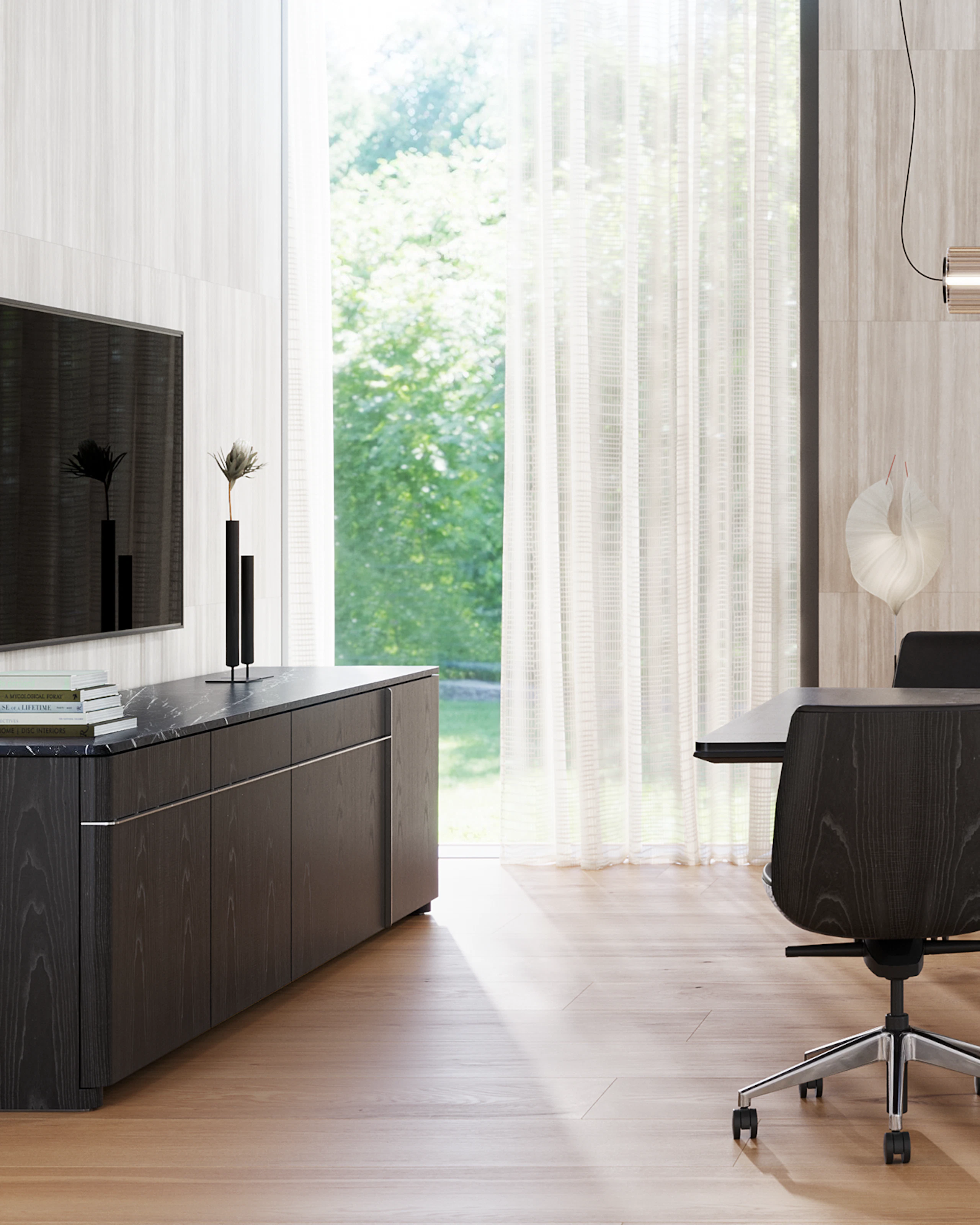 Ascent Conference Table and Credenza by EOOS, paired with Clamshell Chairs, shown with a dark grey etched back-painted glass top and chrome base on the table, viewed from the side in a conference room setting.