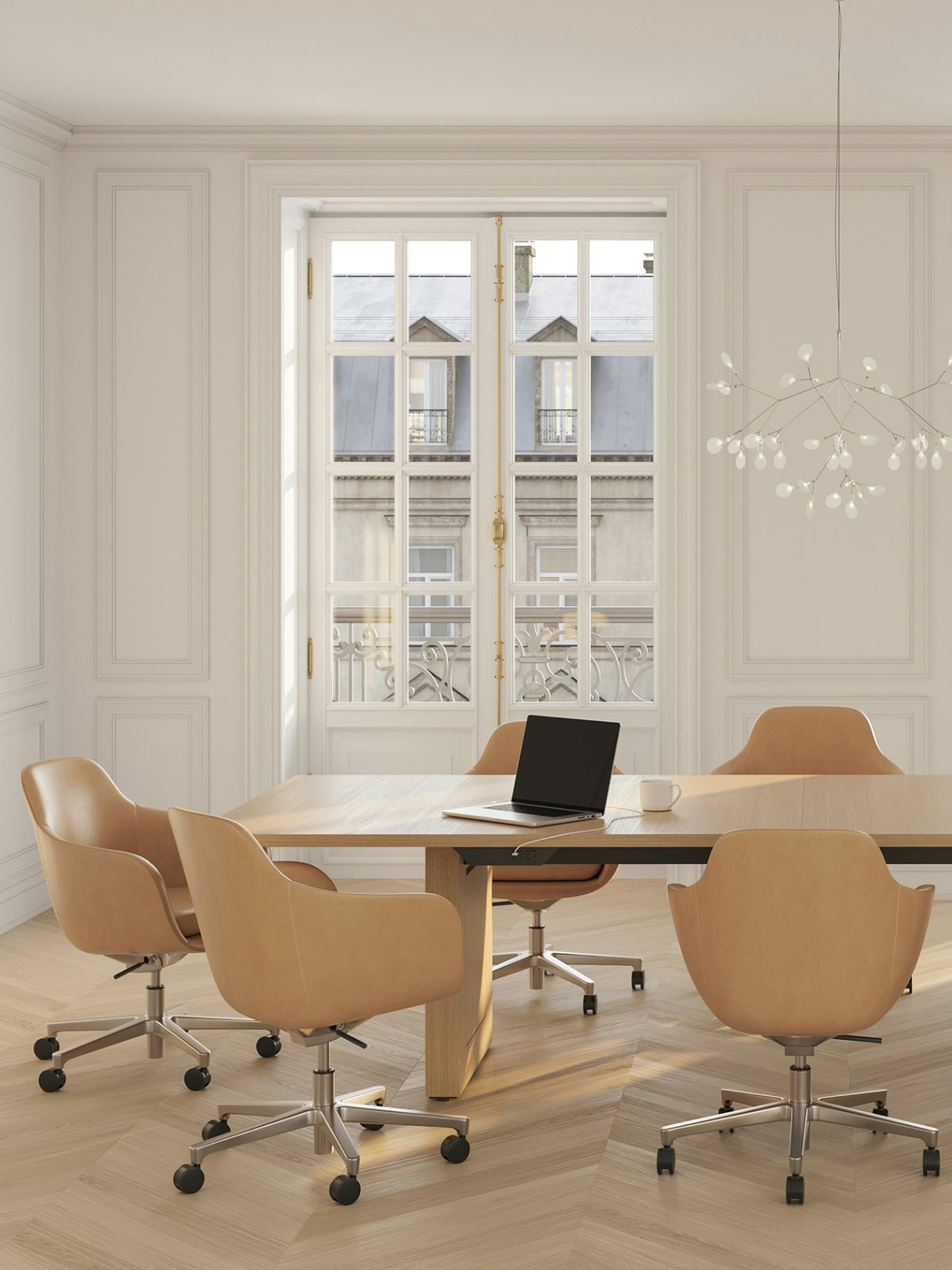 JD Conference Table in White Oak with Saiba Conference Chairs in Bristol Leather in Conference Room.