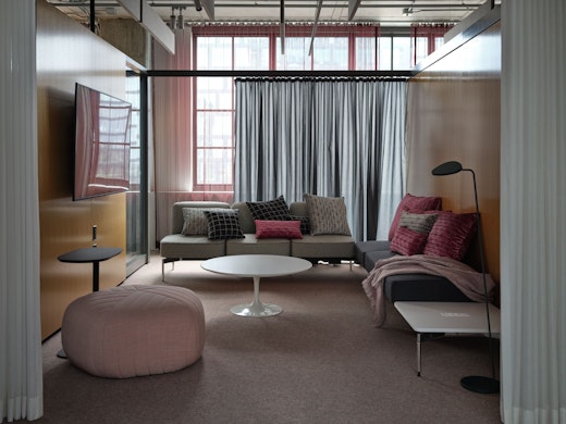 Design Days 2021 rockwell unscripted creative wall pixel lounge muuto five pouf saarinen coffee table muuto relate side table muuto leaf floor lamp knoll at fulton market