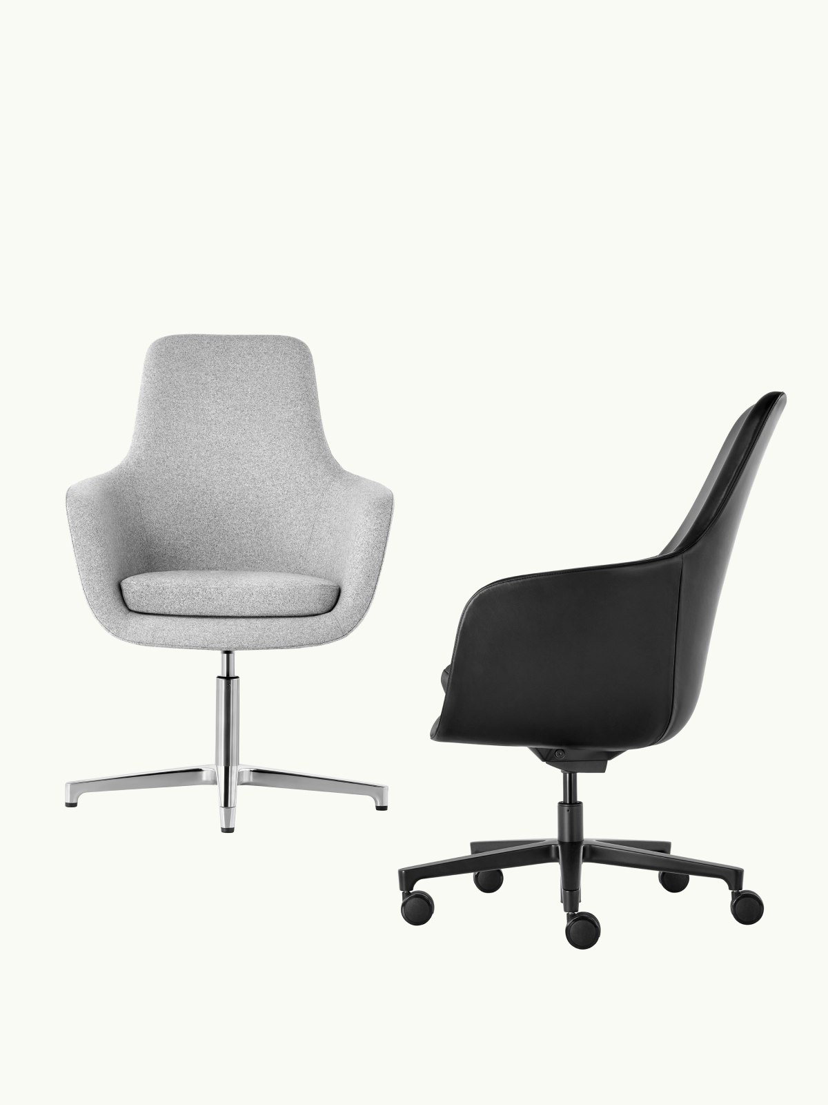 Two Saiba Conference Chairs designed by Naoto Fukasawa, one high-back with light grey upholstery on a four-star base front-facing, one high-back with black leather upholstery on a five star base with casters shown in profile, on a white sweep.