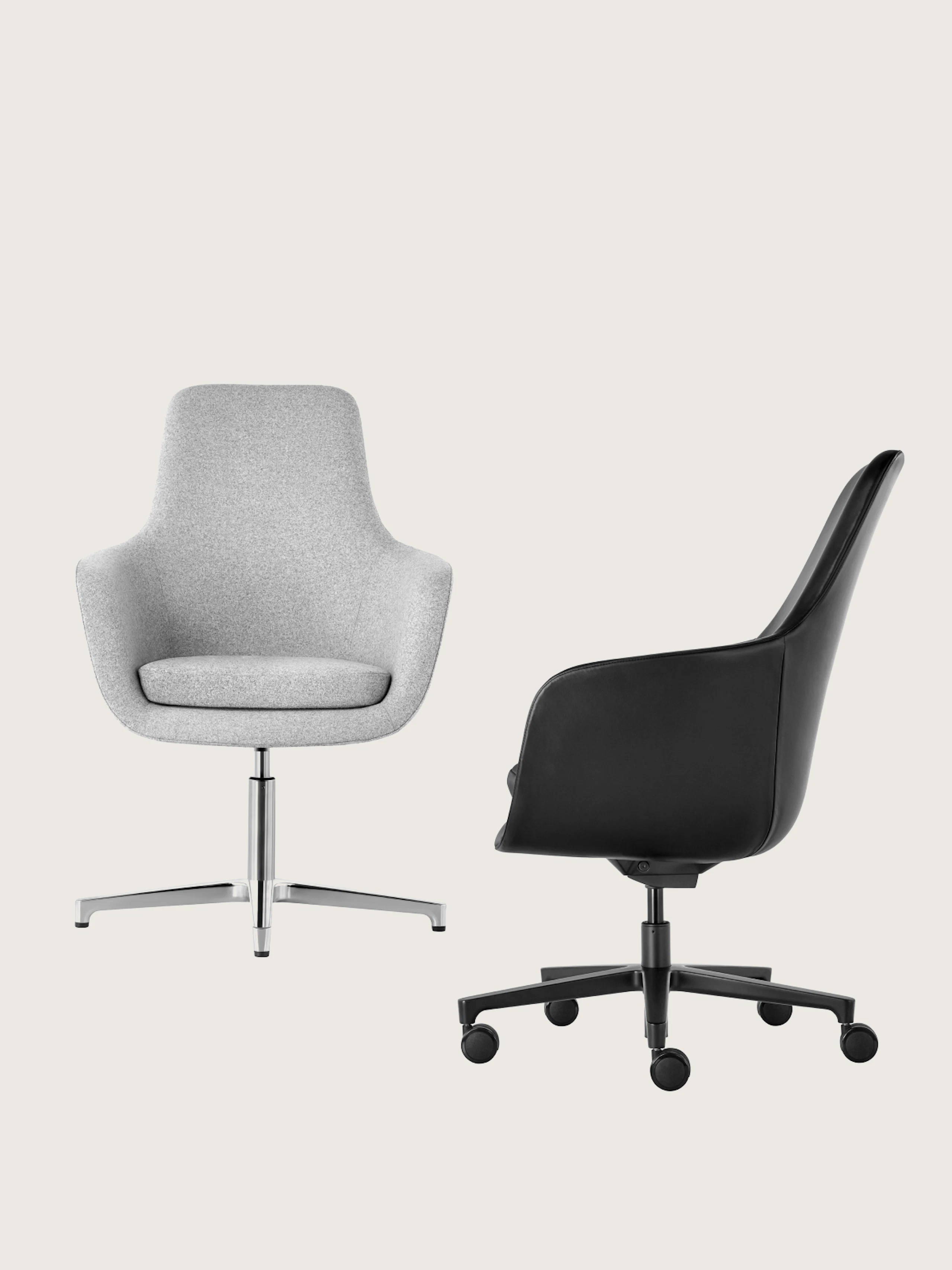 Two Saiba Conference Chairs designed by Naoto Fukasawa, one high-back with light grey upholstery on a four-star base front-facing, one high-back with black leather upholstery on a five star base with casters shown in profile, on a white sweep.