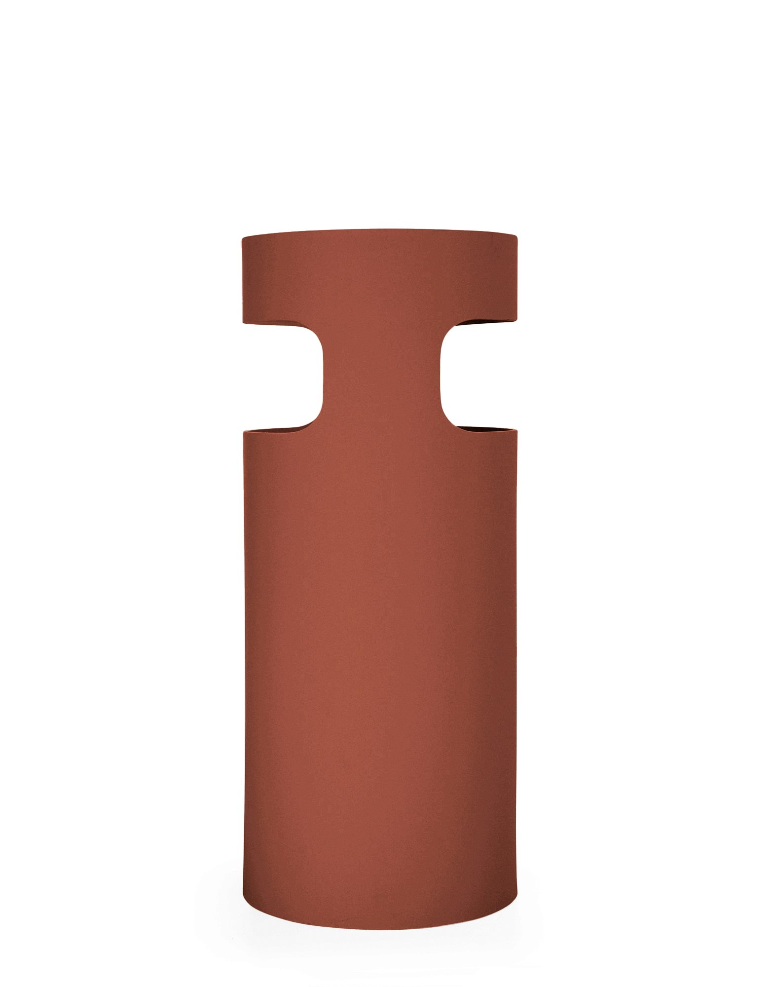A Umbrella Stand in Burgundy viewed from an angle.