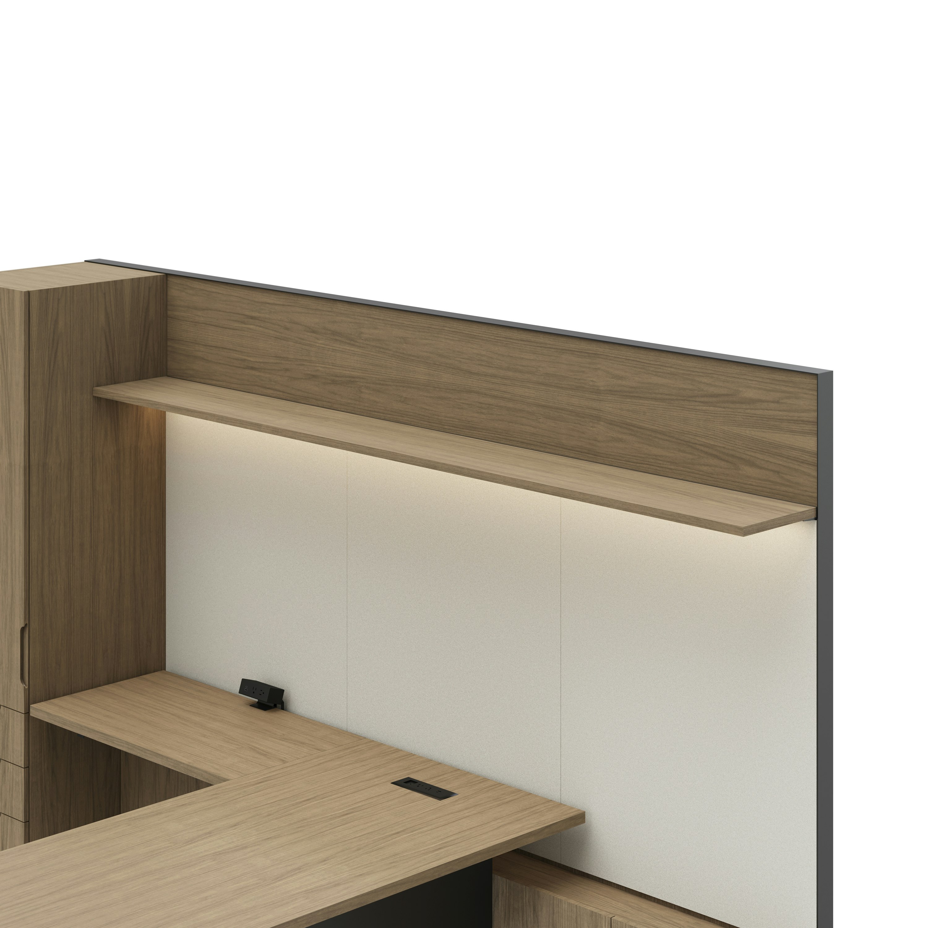 Detail shot of the Geiger One Casegoods wood shelf overhead option in a Natural Flat Cut Walnut private office viewed from an angle.