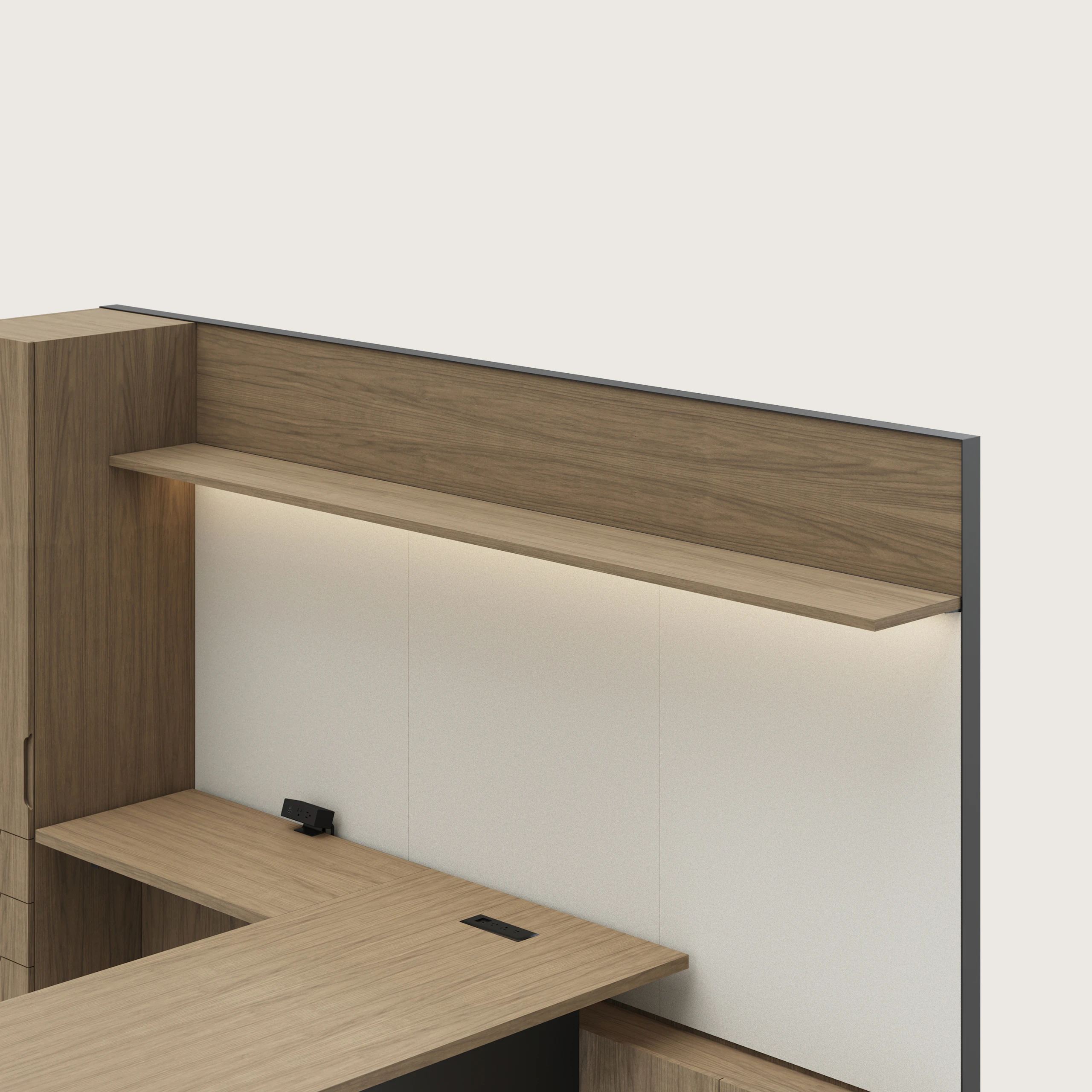 Detail shot of the Geiger One Casegoods wood shelf overhead option in a Natural Flat Cut Walnut private office viewed from an angle.