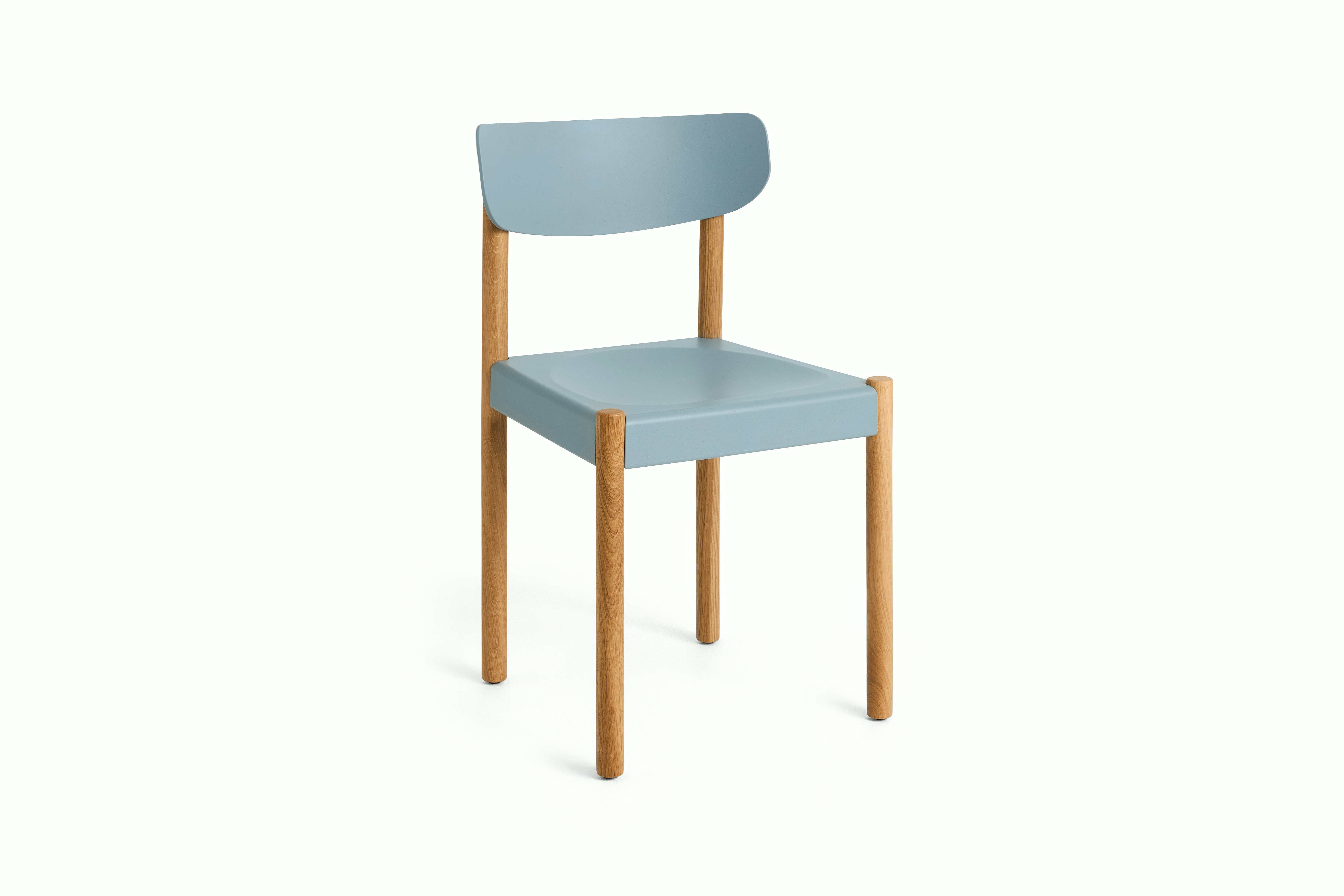 Pack Side Chair with grey seat and back on oak legs, angled view